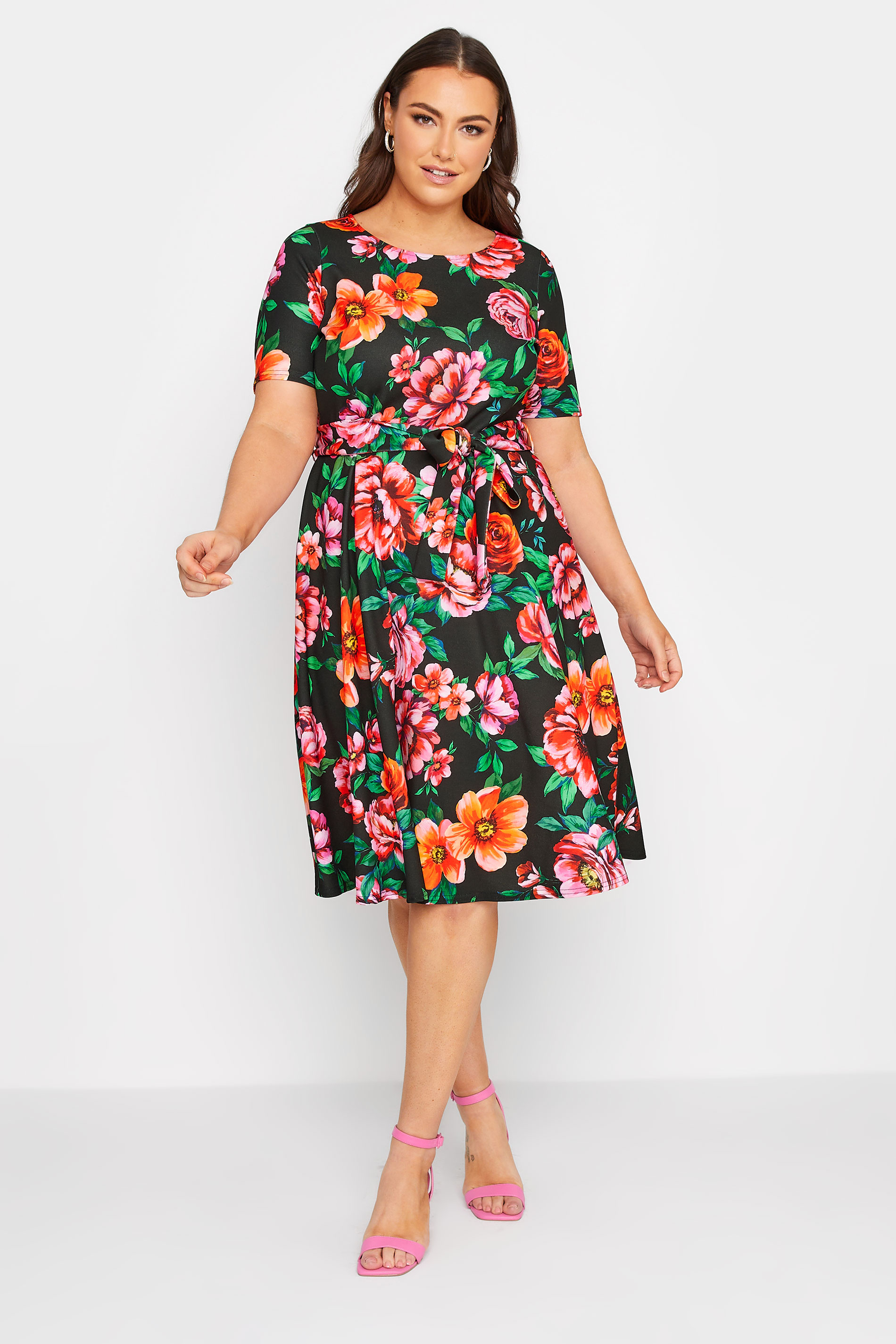 YOURS LONDON Plus Size Curve Black & Red Floral Skater Dress | Yours Clothing  2