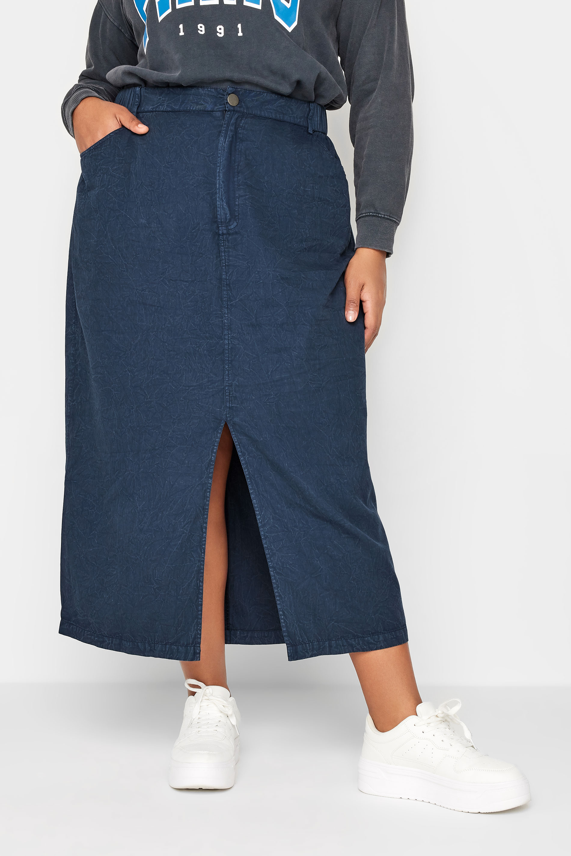 YOURS Curve Dark Blue Acid Wash Midaxi Denim Skirt | Yours Clothing  1