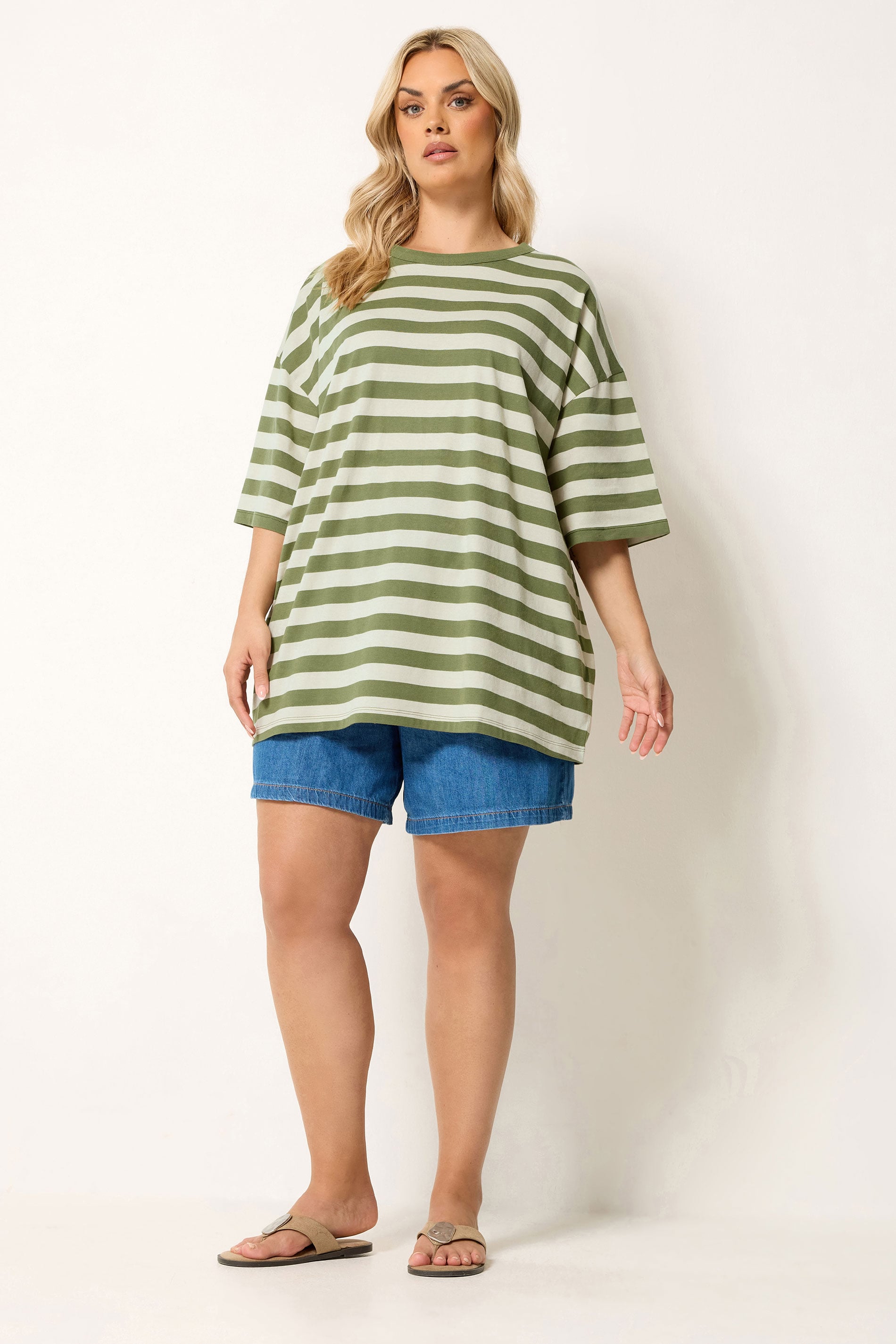 YOURS Plus Size Khaki Green & Cream Boxy T-Shirt | Yours Clothing 1