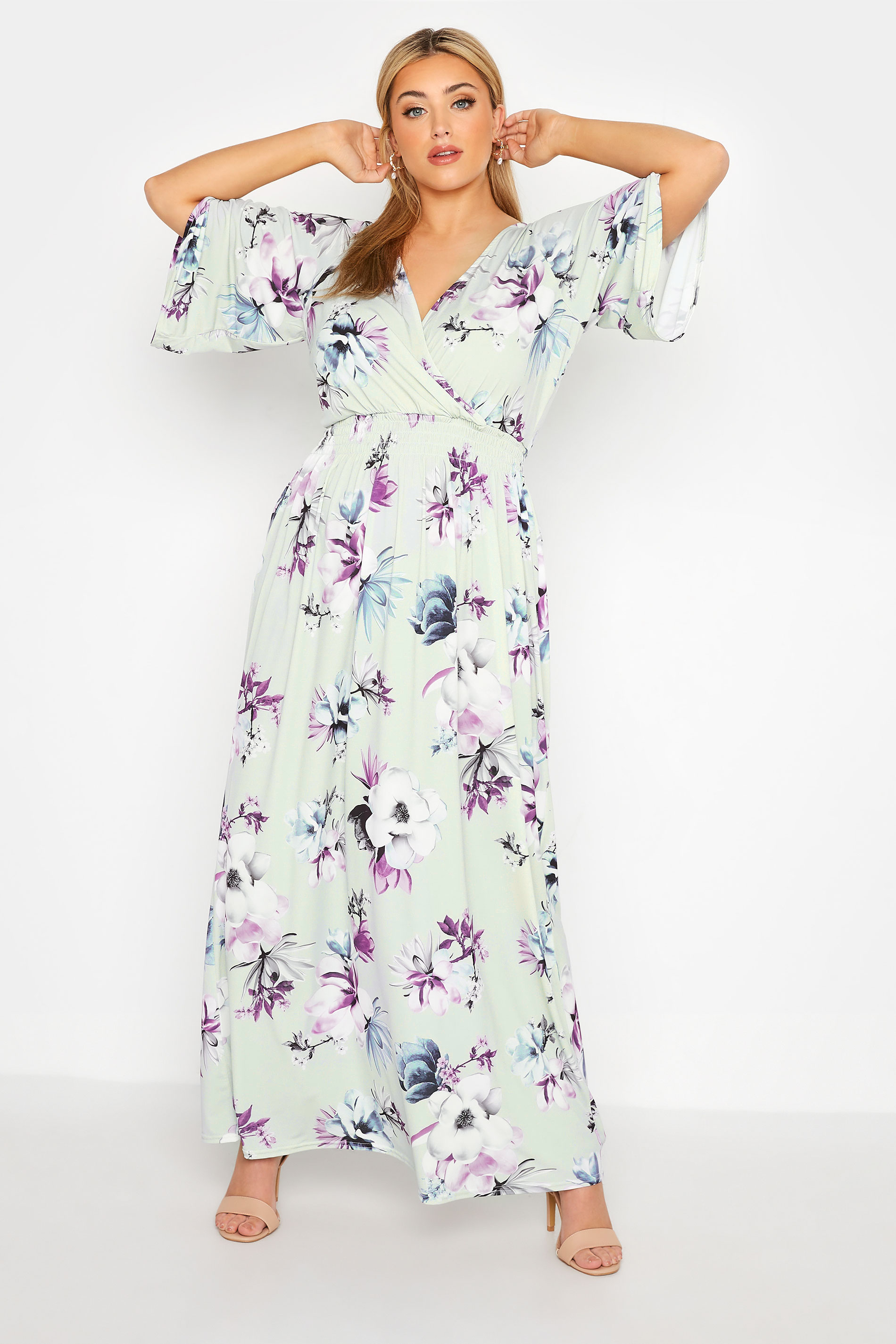 Robes Grande Taille Grande taille  Robes Longues | YOURS LONDON - Robe Cache-Coeur Floral Verte Pastel Maxi - HI29691