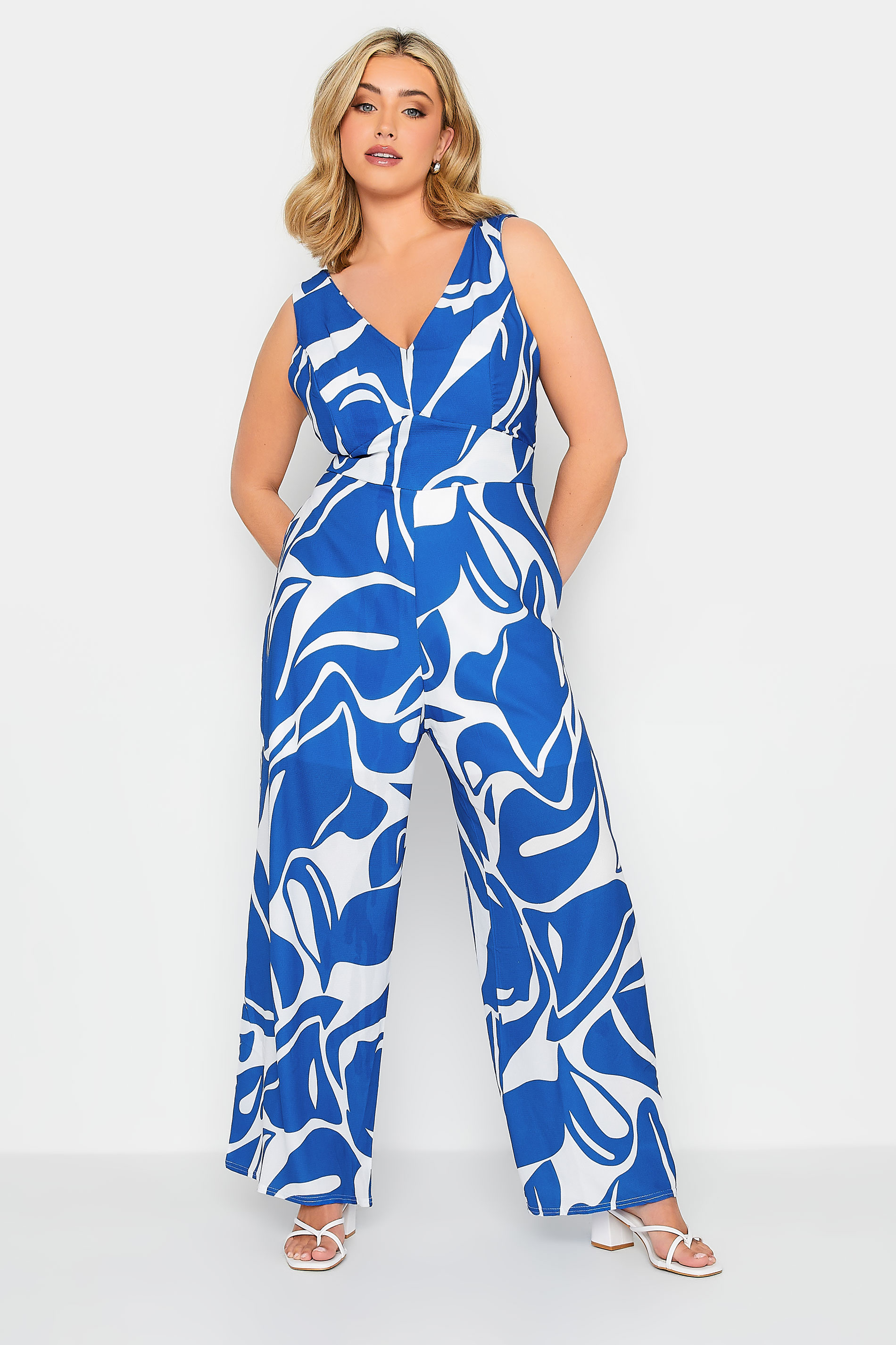 YOURS PETITE Curve Blue Swirl Print Wide Leg Jumpsuit | Yours Clothing 1