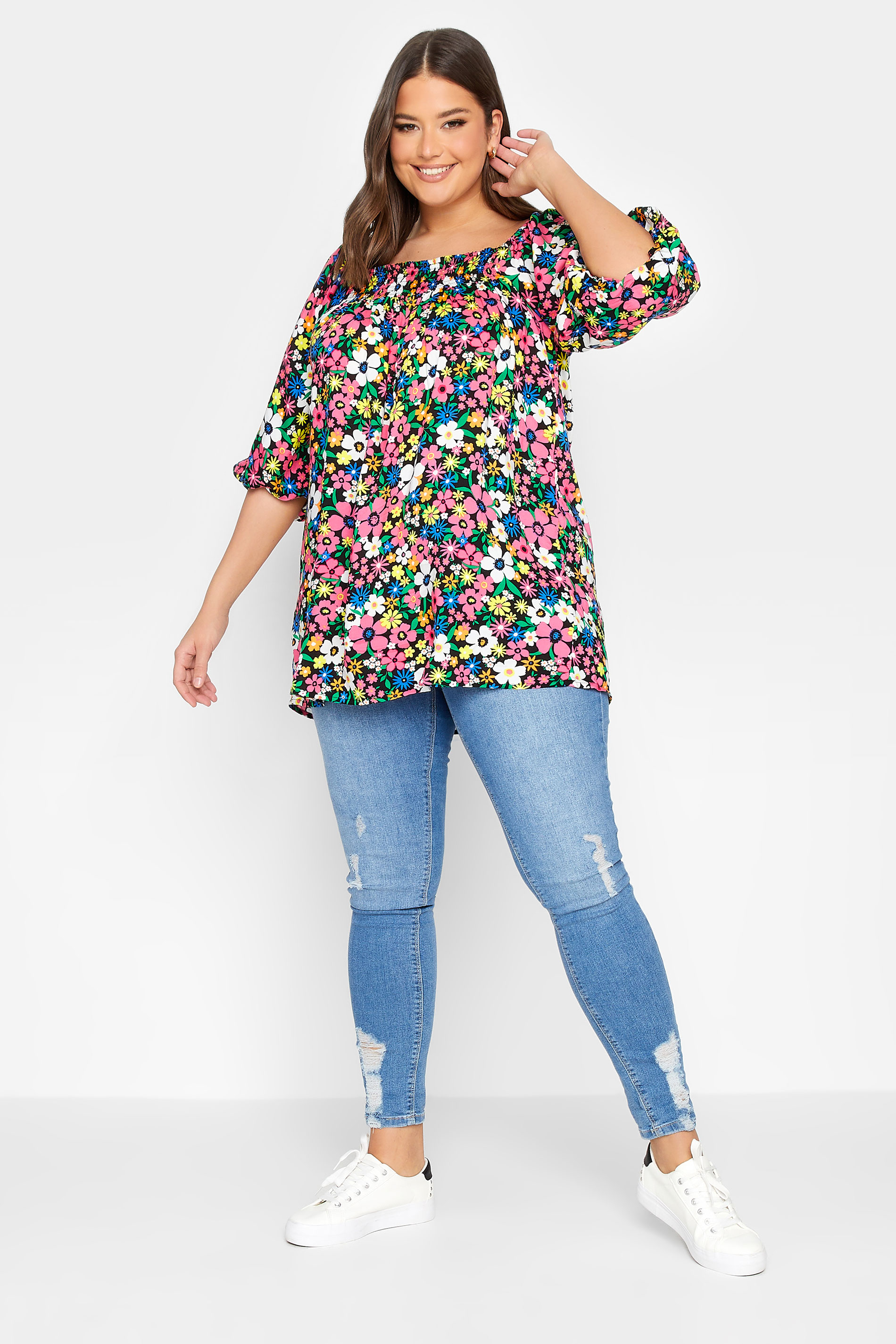 YOURS Plus Size Blue & Pink Floral Shirred Neck Gypsy Top | Yours Clothing 2