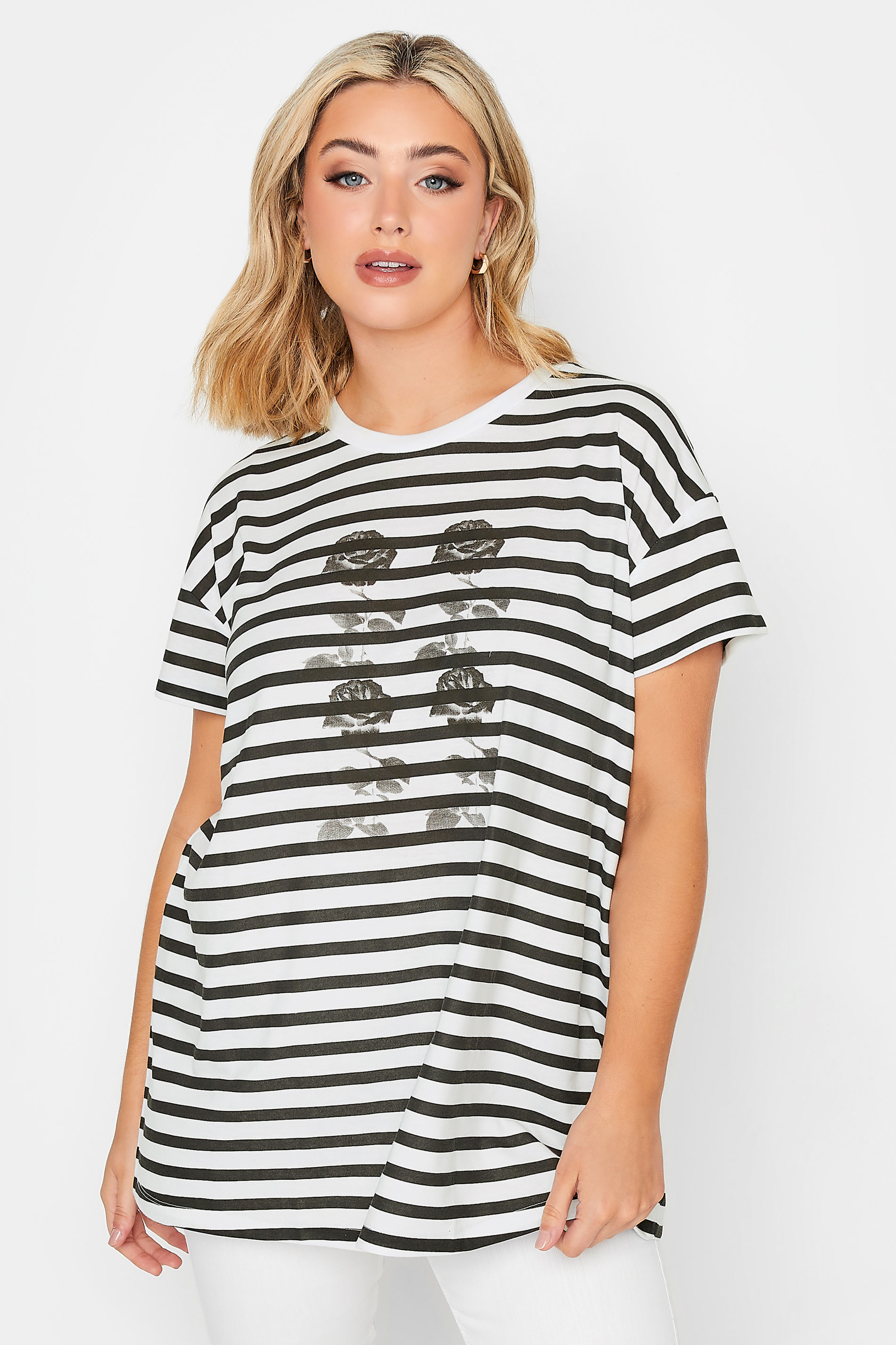 YOURS Plus Size Black Stripe Rose Print T-Shirt | Yours Clothing 1