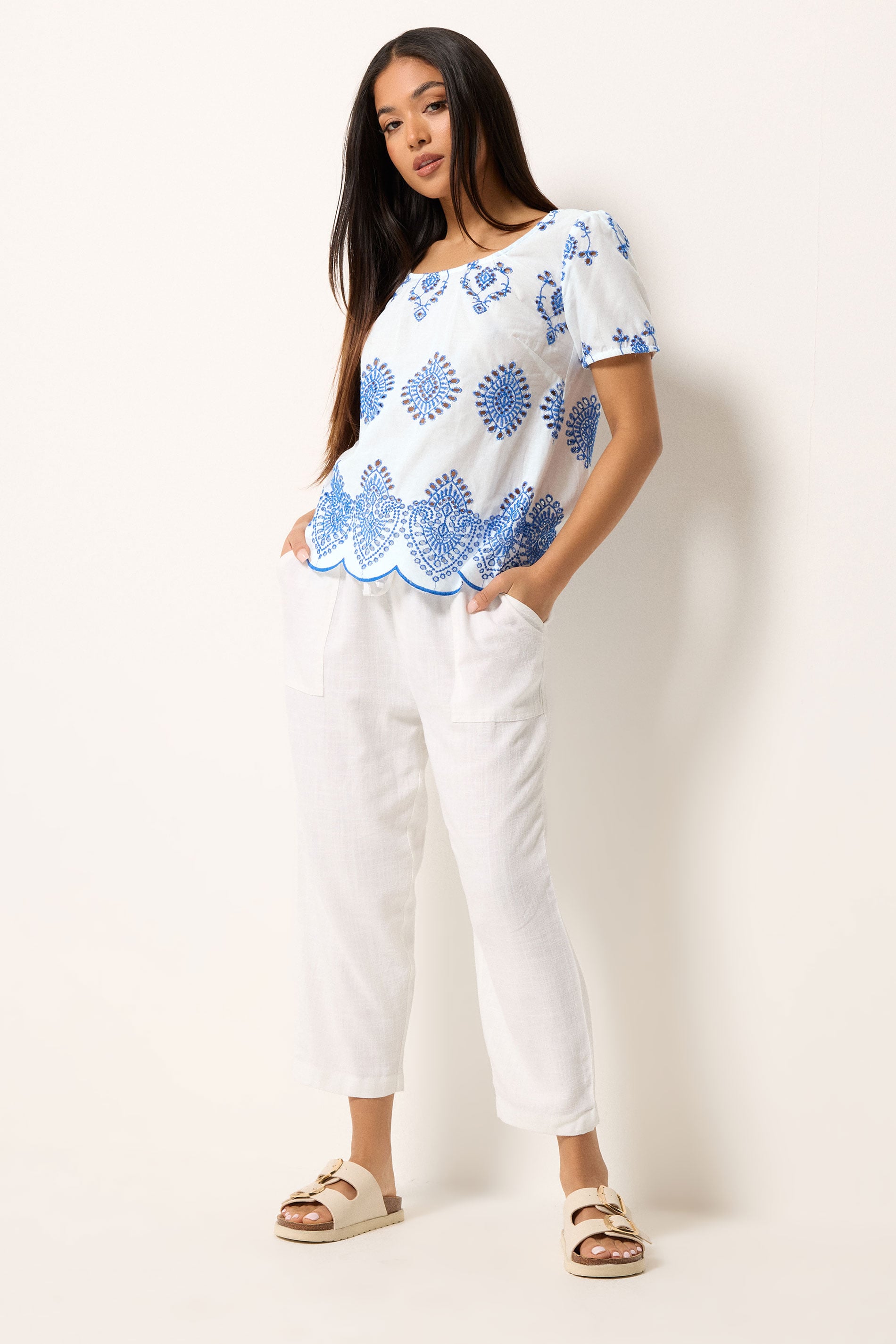 M&Co Petite White & Blue Broderie Cotton Top | M&Co 1