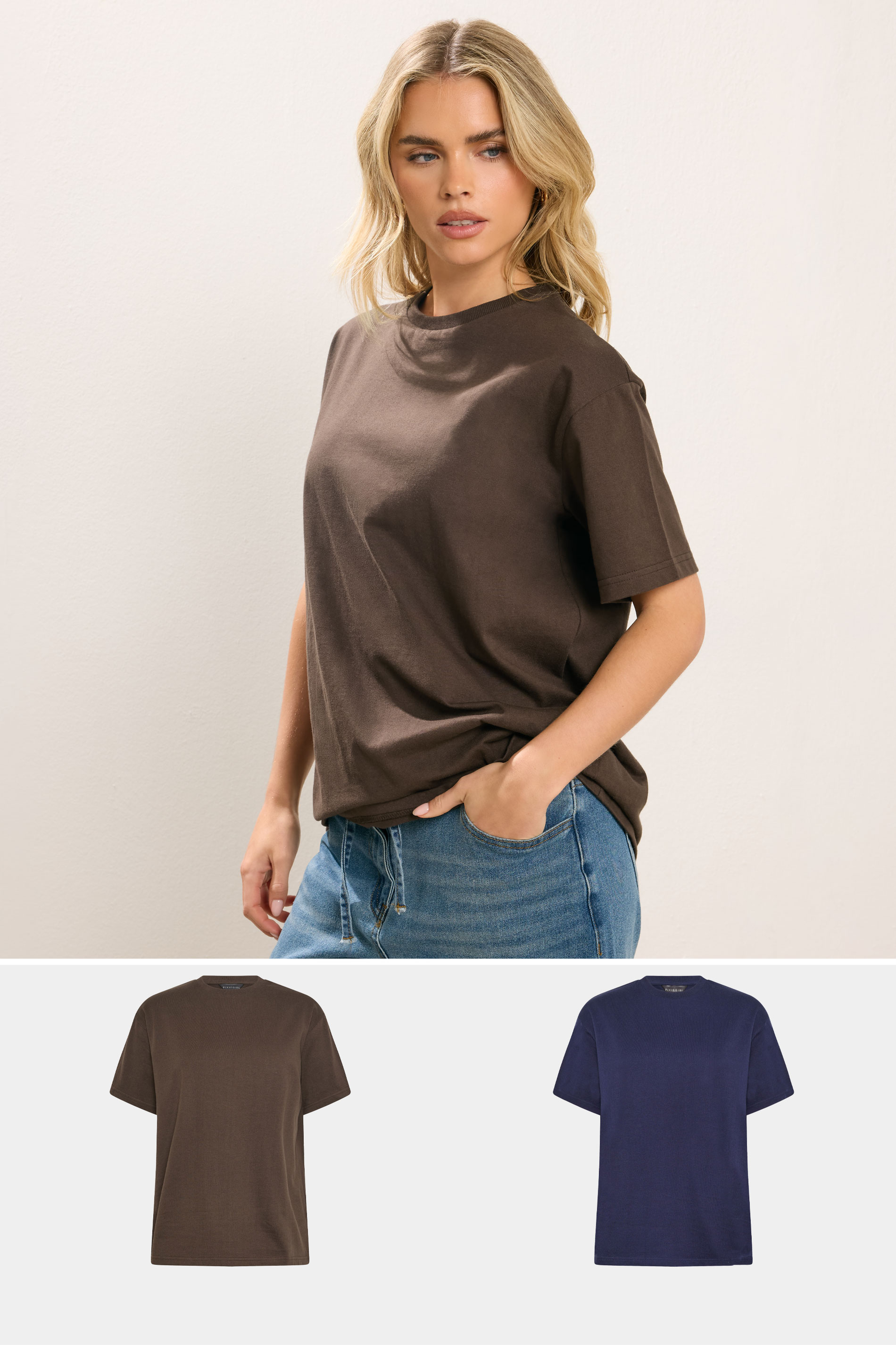 PixieGirl Petite Women's 2 PACK Chocolate Brown & Navy Blue Cotton Oversized T-Shirts | PixieGirl 3
