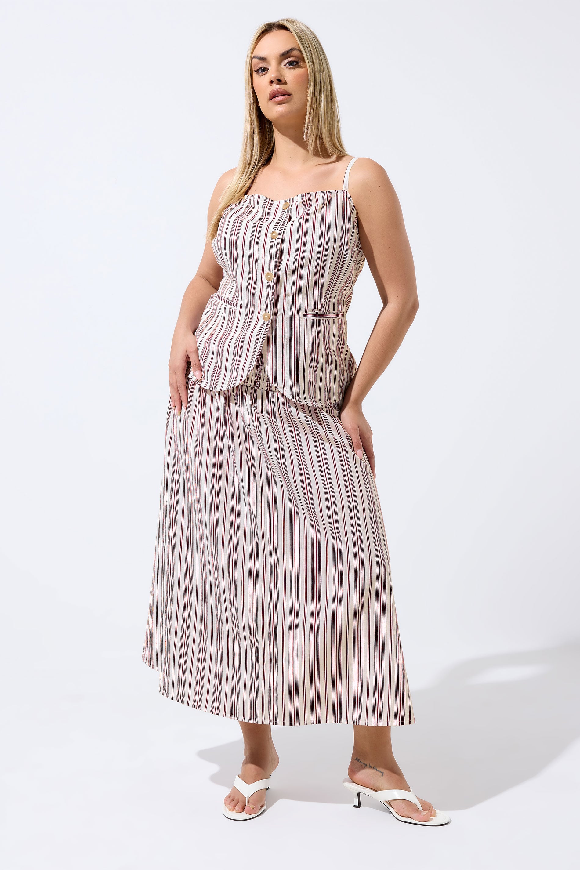LIMITED COLLECTION Plus Size Red & White Stripe Strappy Waistcoat | Yours Clothing 1