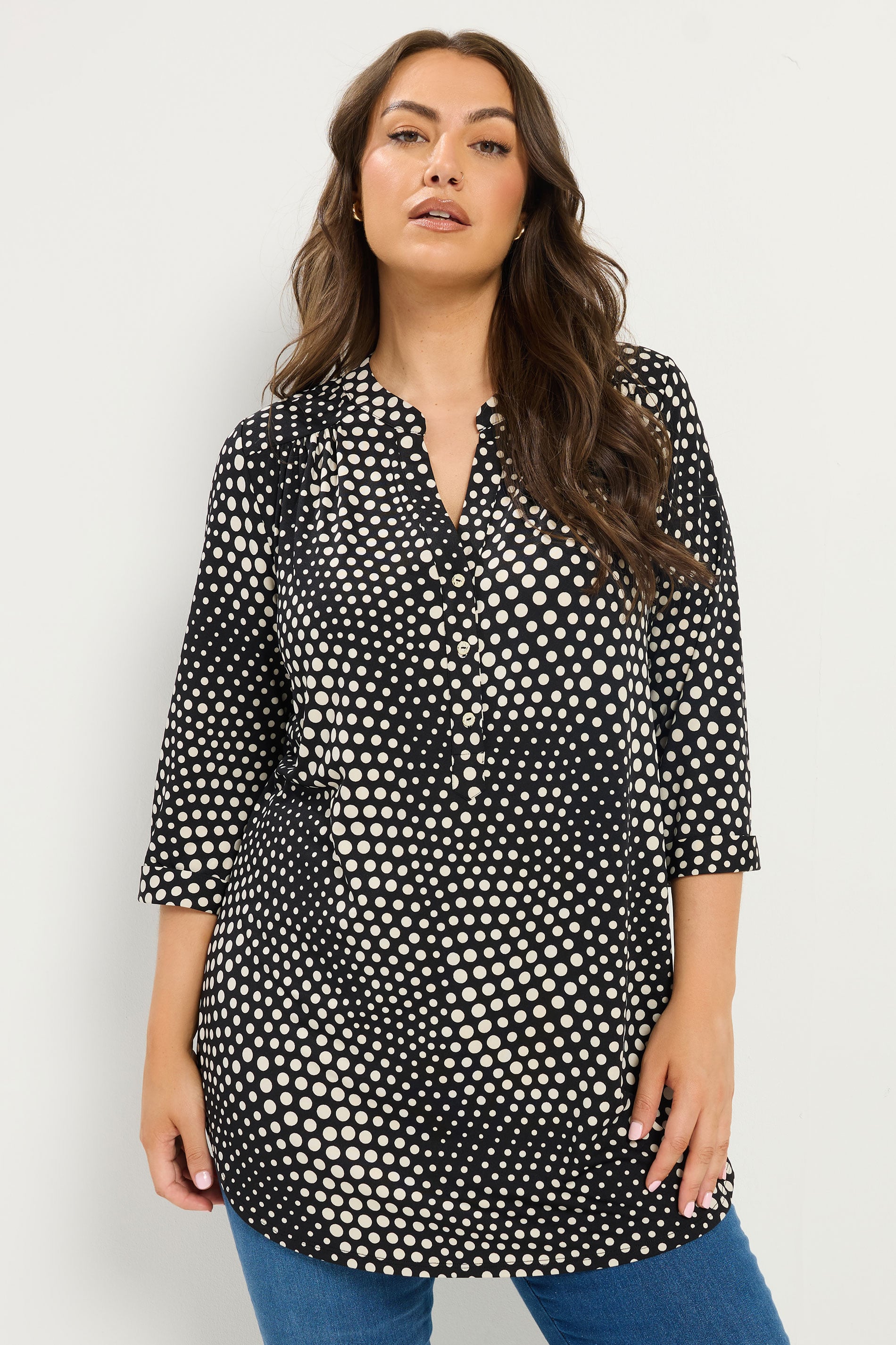 YOURS Plus Size Black Polka Dot Half Placket Shirt | Yours Clothing 3
