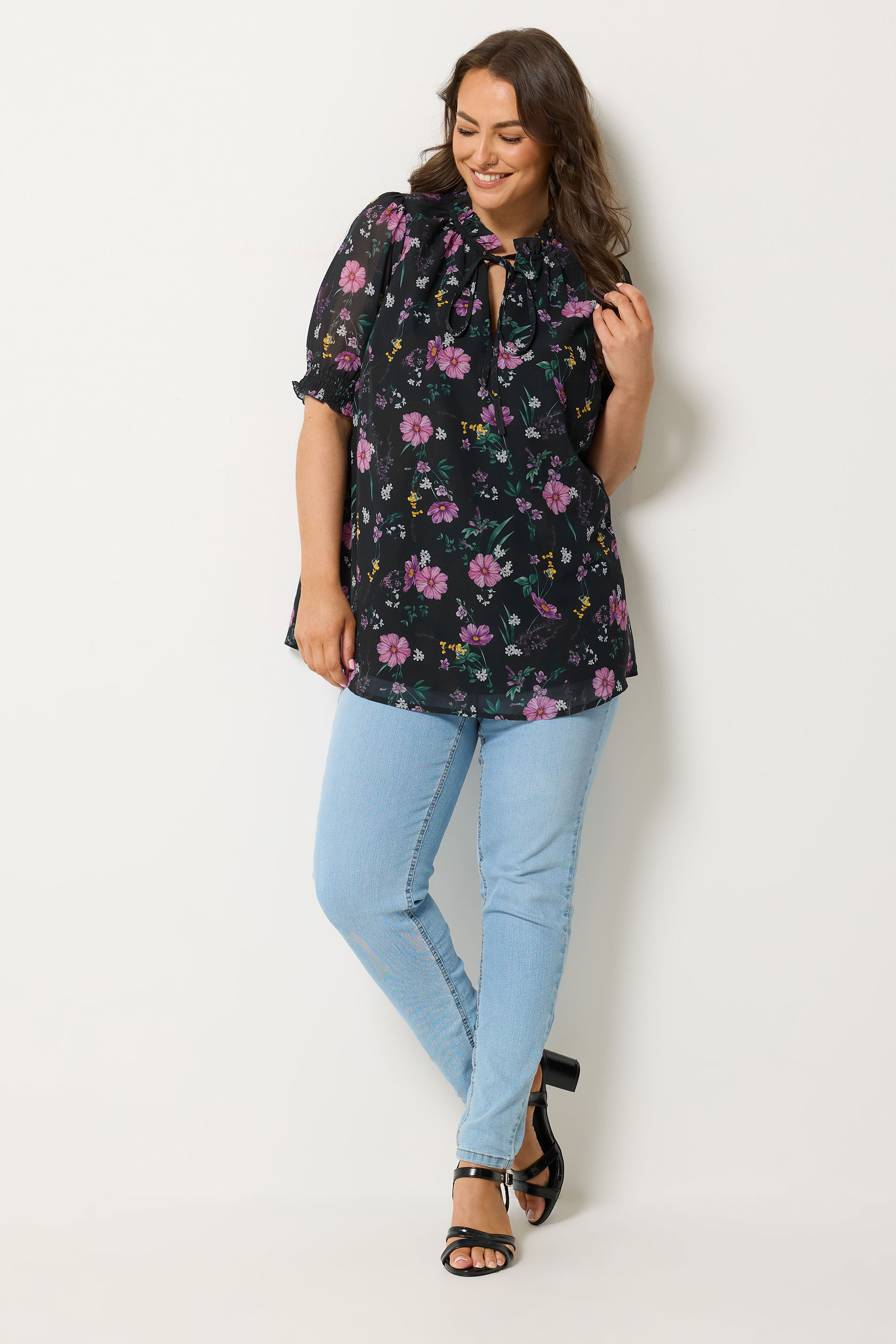 YOURS Plus Size Black Floral Frill Tie Neck Blouse | Yours Clothing 1
