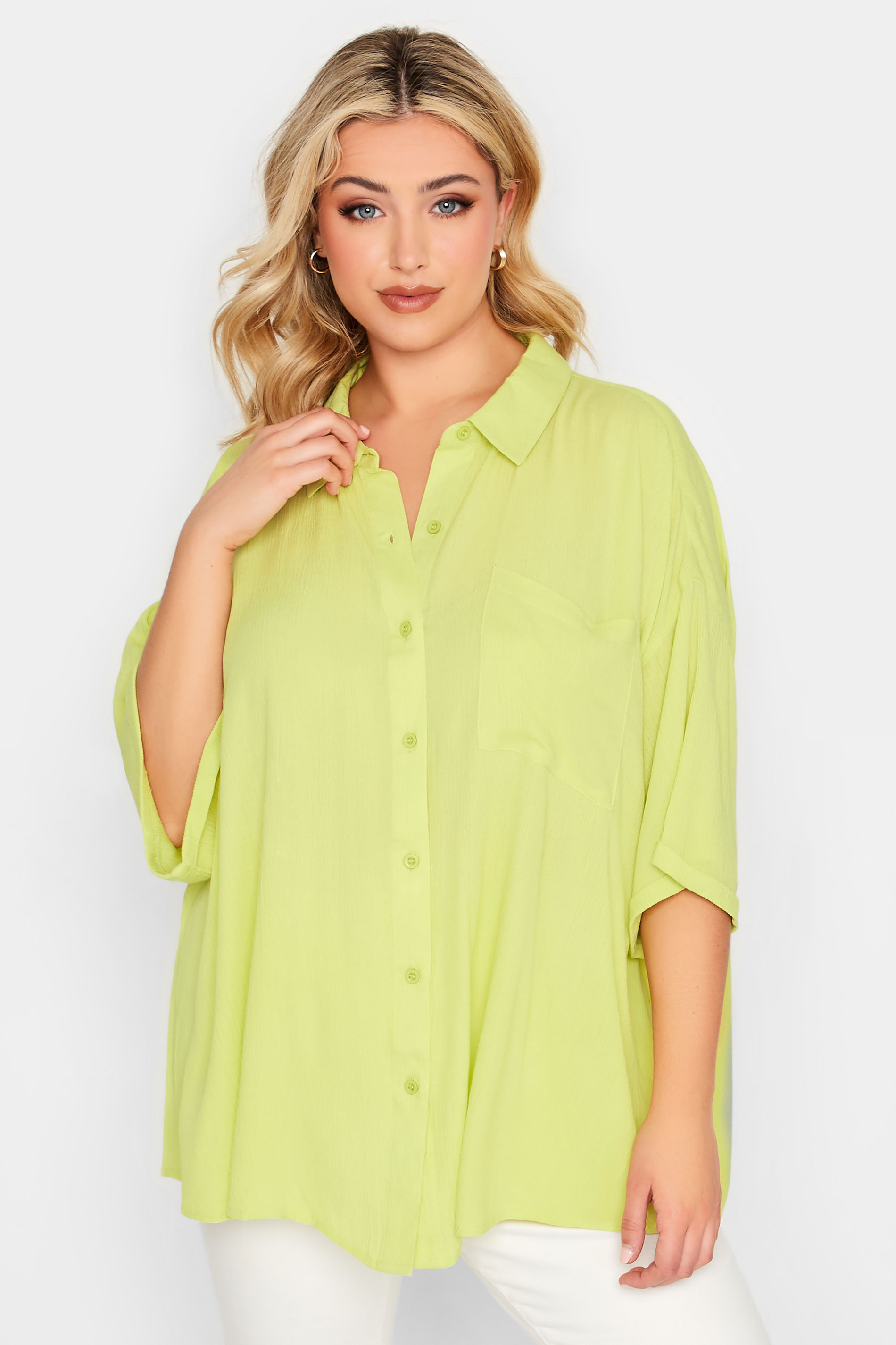 YOURS Plus Size Lime Green Crinkle Shirt | Yours Clothing 1
