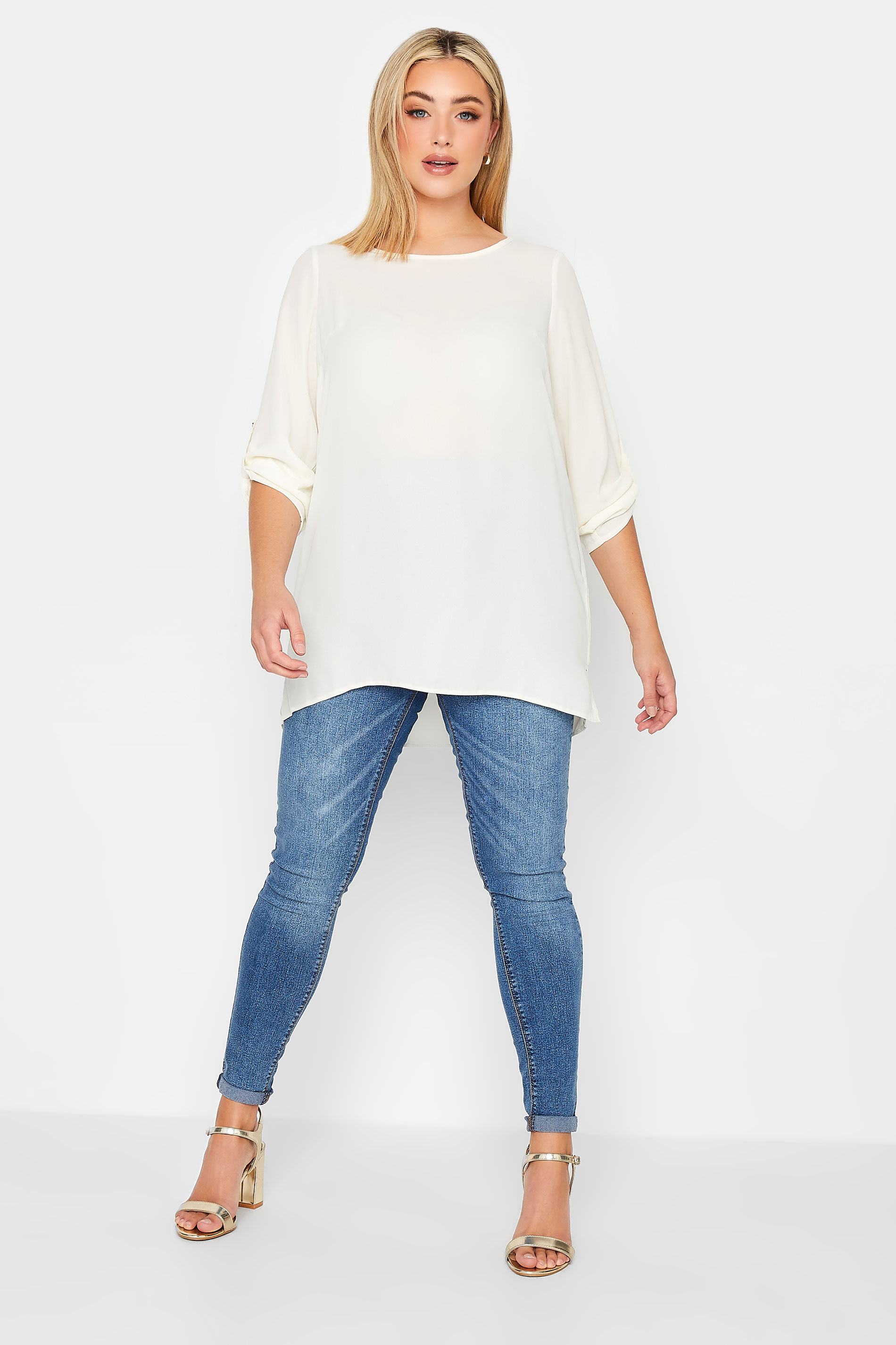 YOURS Plus Size Cream Tab Sleeve Blouse | Yours Clothing 2