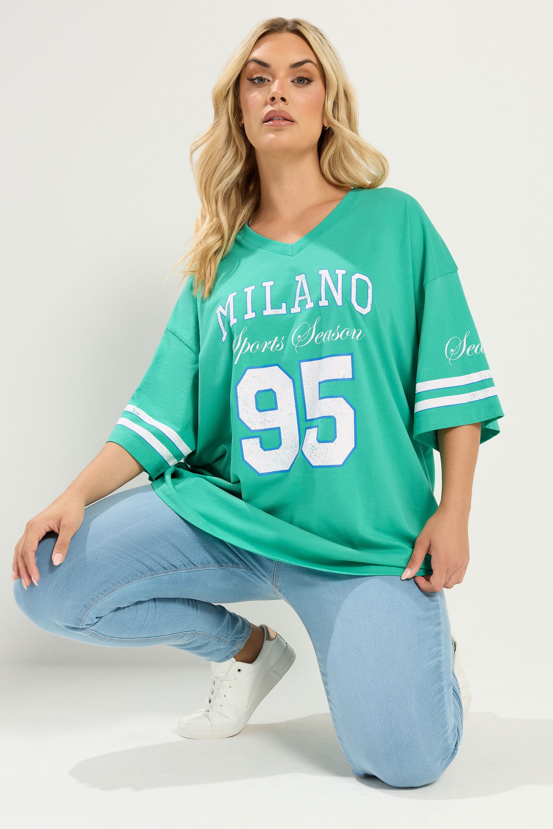YOURS Plus Size Green 'Milano' Boxy Varsity T-Shirt | Yours Clothing 3