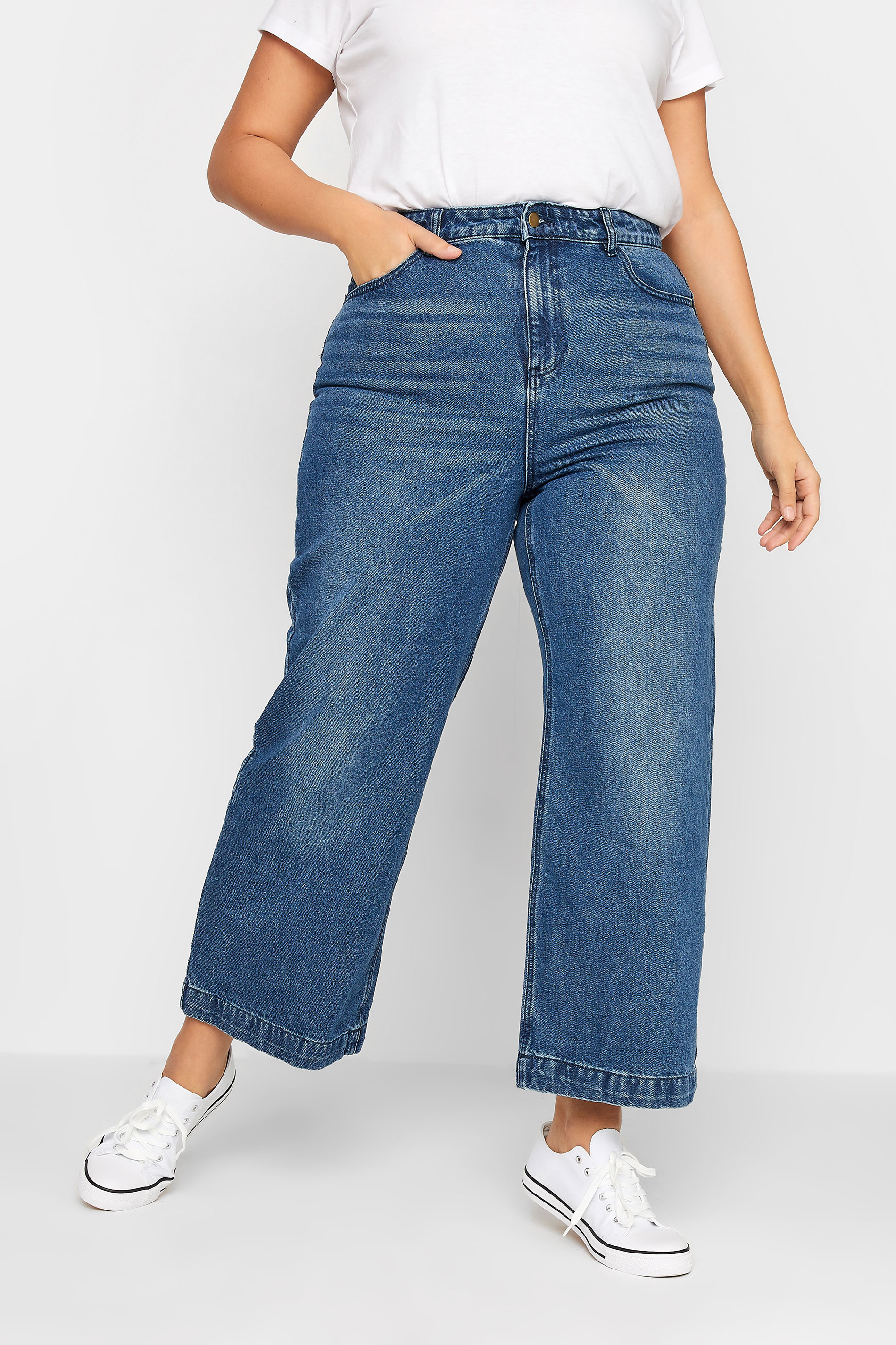 LTS Tall Women's Mid Blue Denim Cropped Wide Leg Jeans | Long Tall Sally 1