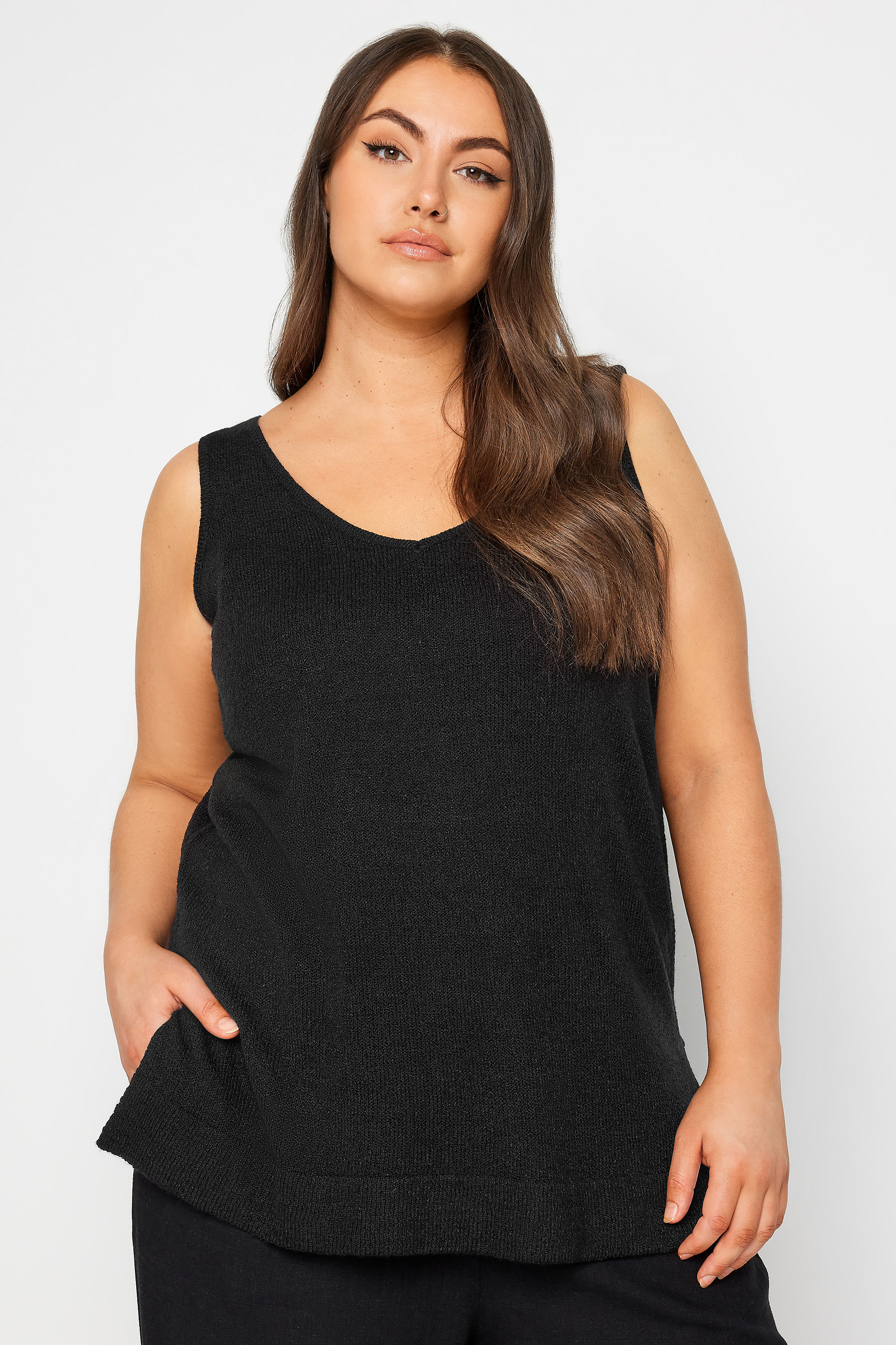 YOURS Plus Size Black Knitted Vest Top | Yours Clothing 1