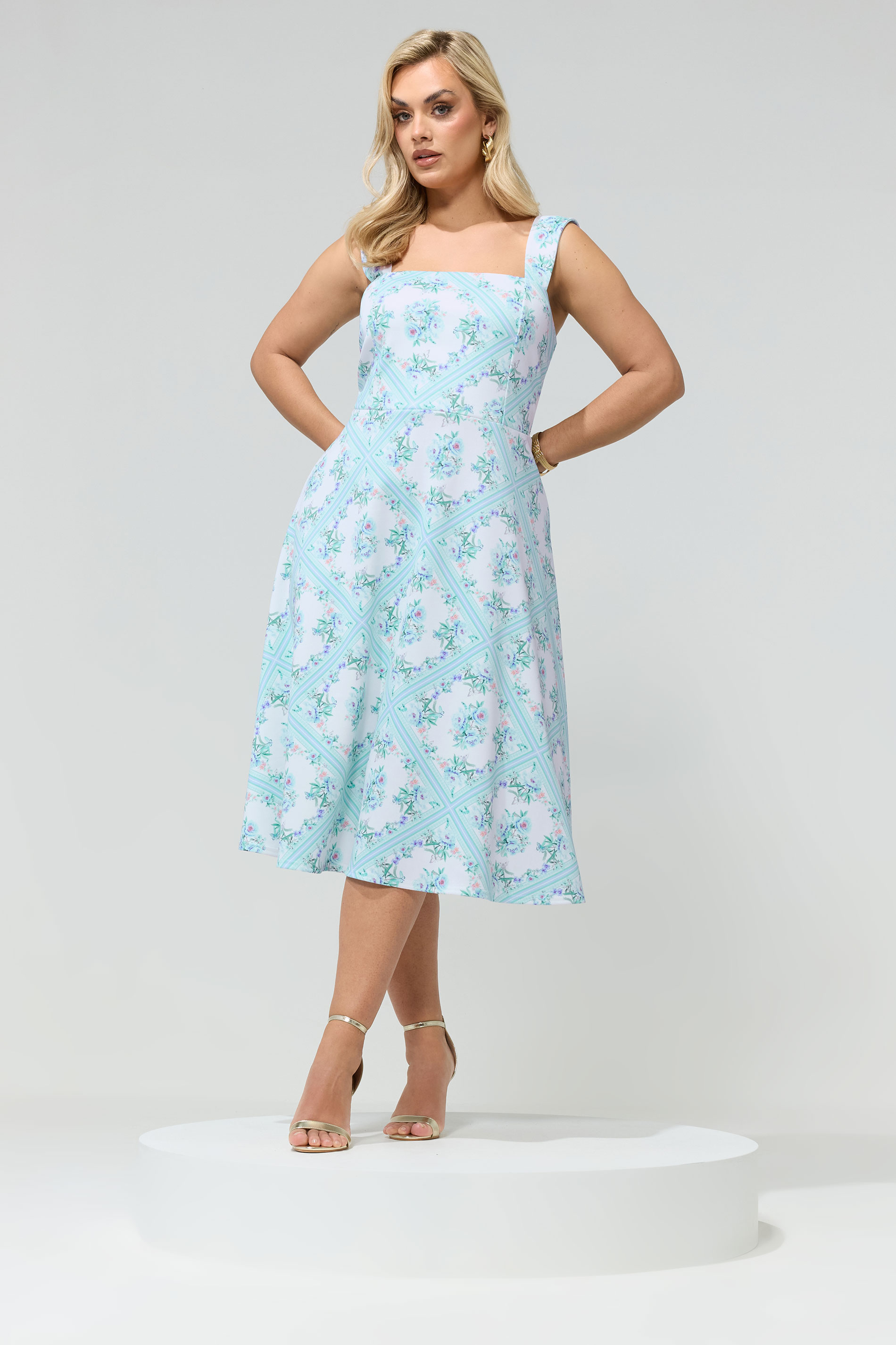 YOURS LONDON Plus Size Light Blue Floral Skater Dress | Yours Clothing 1