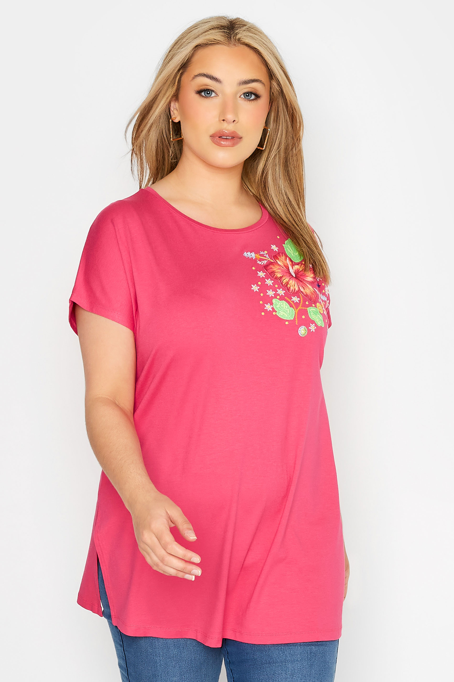 Plus Size Pink Floral Shoulder Detail T-Shirt | Yours Clothing 1