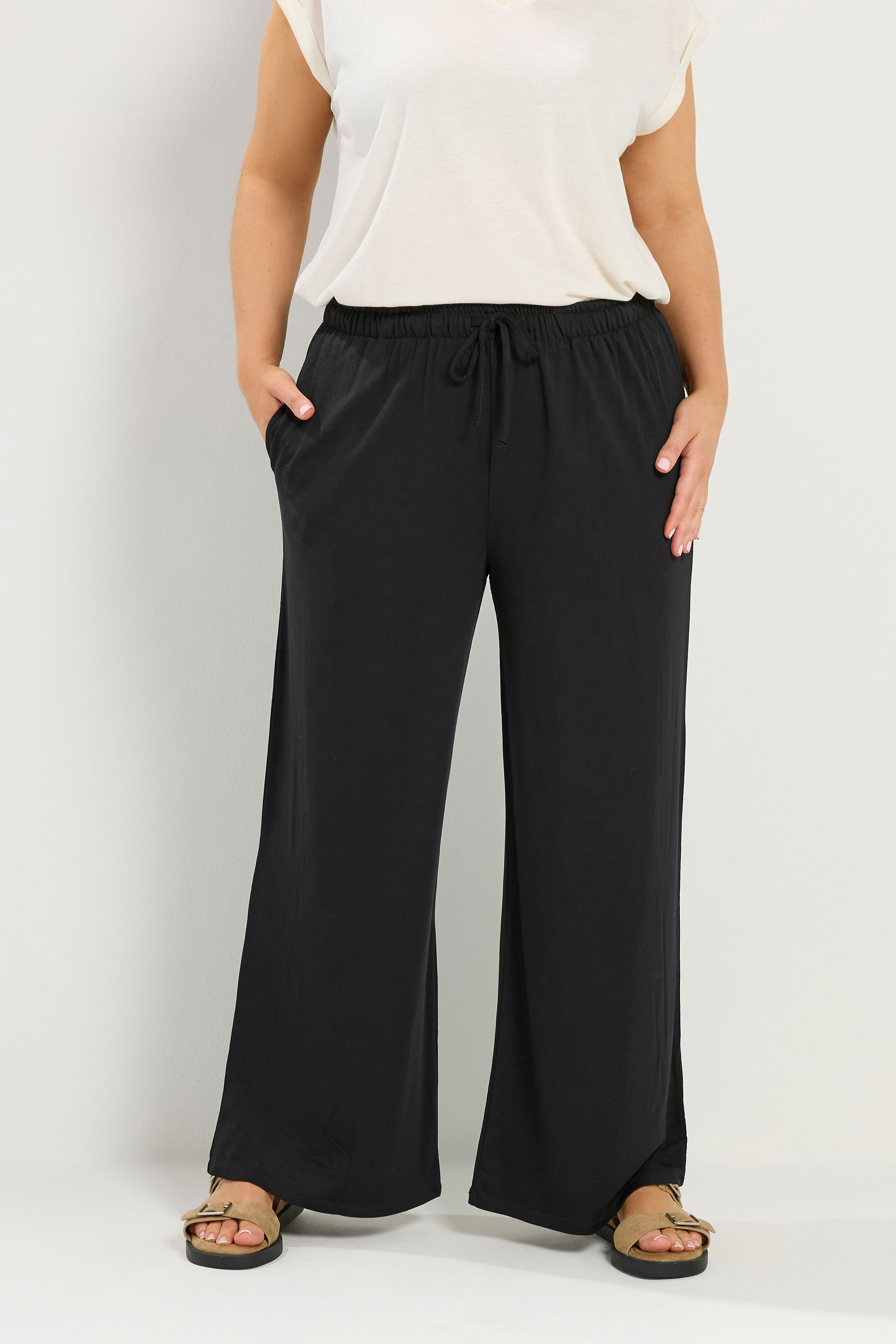 YOURS Plus Size Black Soft Touch Wide Leg Trousers | Yours Clothing 1