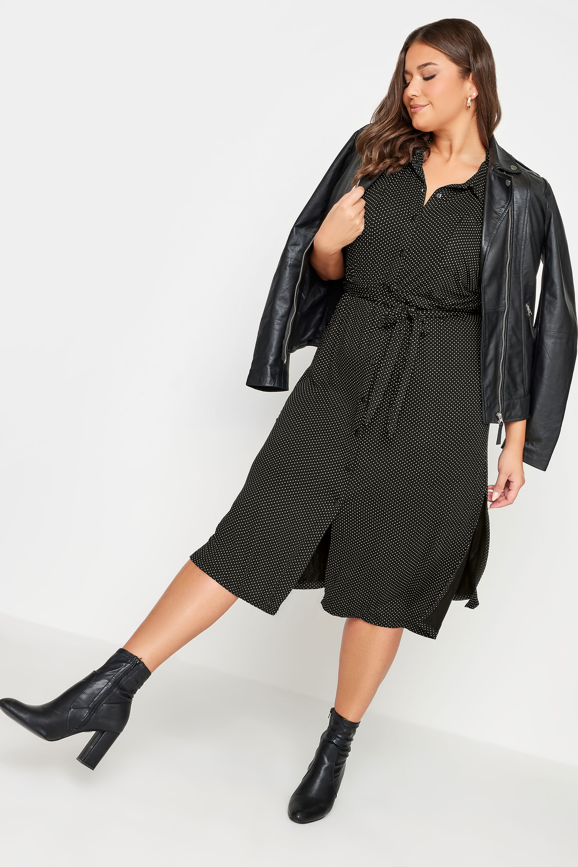 Plus Size Black Polka Dot Print Spilt Hem Midaxi Shirt Dress | Yours Clothing 2