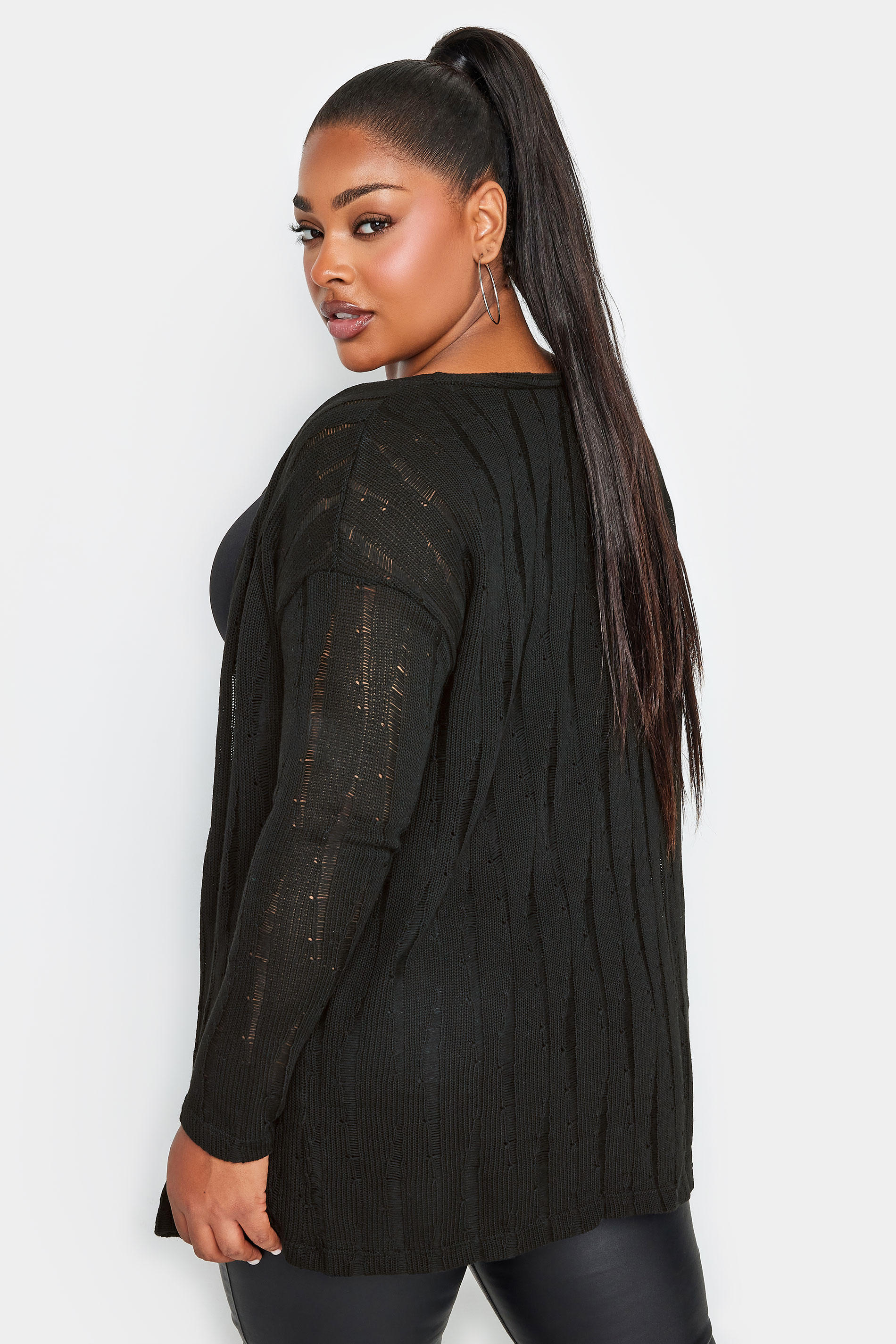 YOURS Plus Size Black Distressed Knitted Cardigan | Yours Clothing 3
