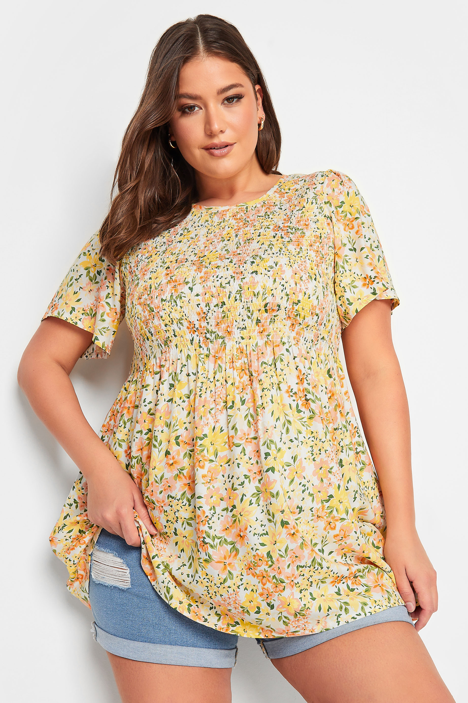 YOURS Plus Size Yellow Floral Print Shirred Top | Yours Clothing