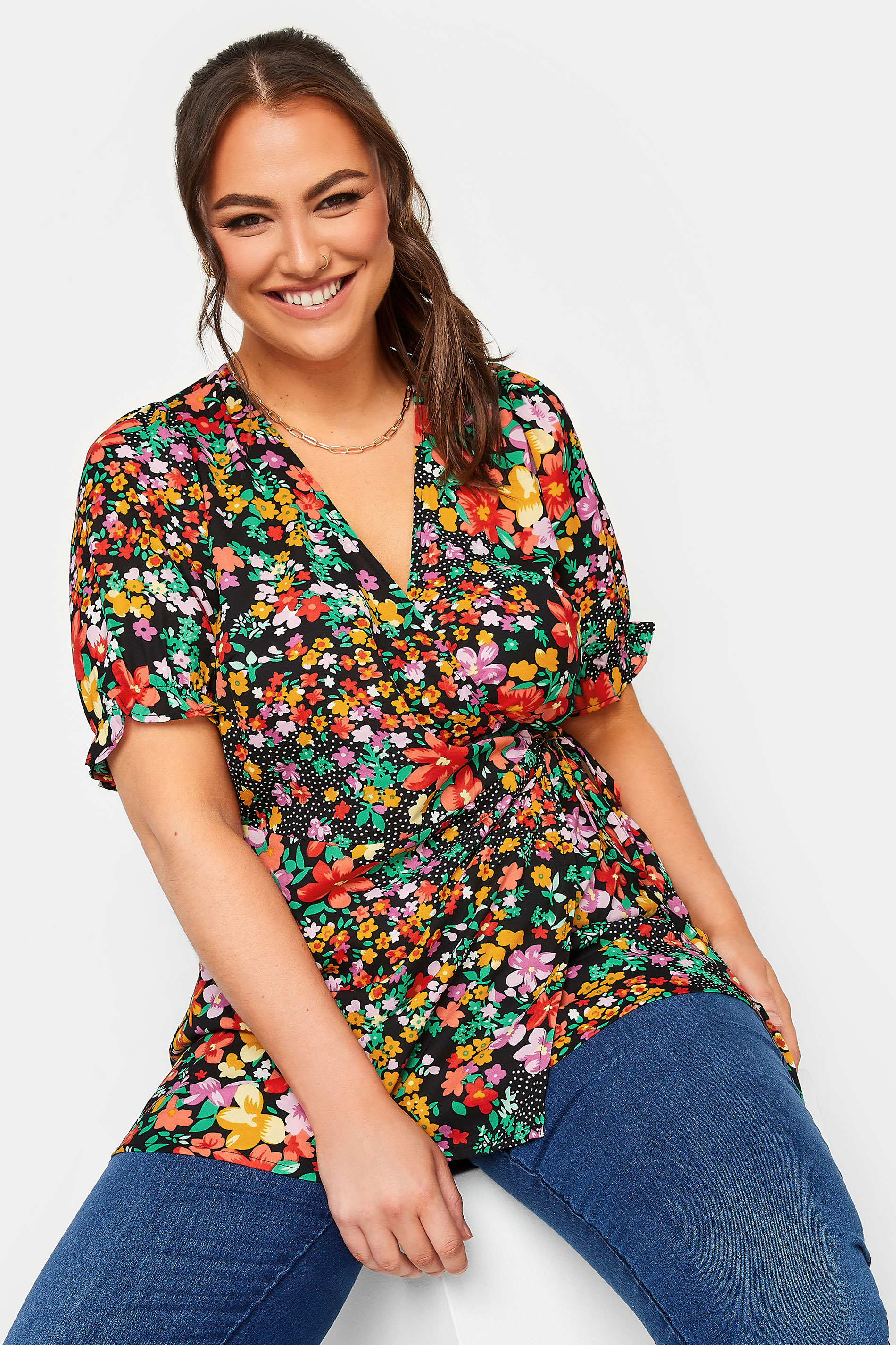 YOURS Plus Size Black Floral Patchwork Print Wrap Top | Yours Clothing 1