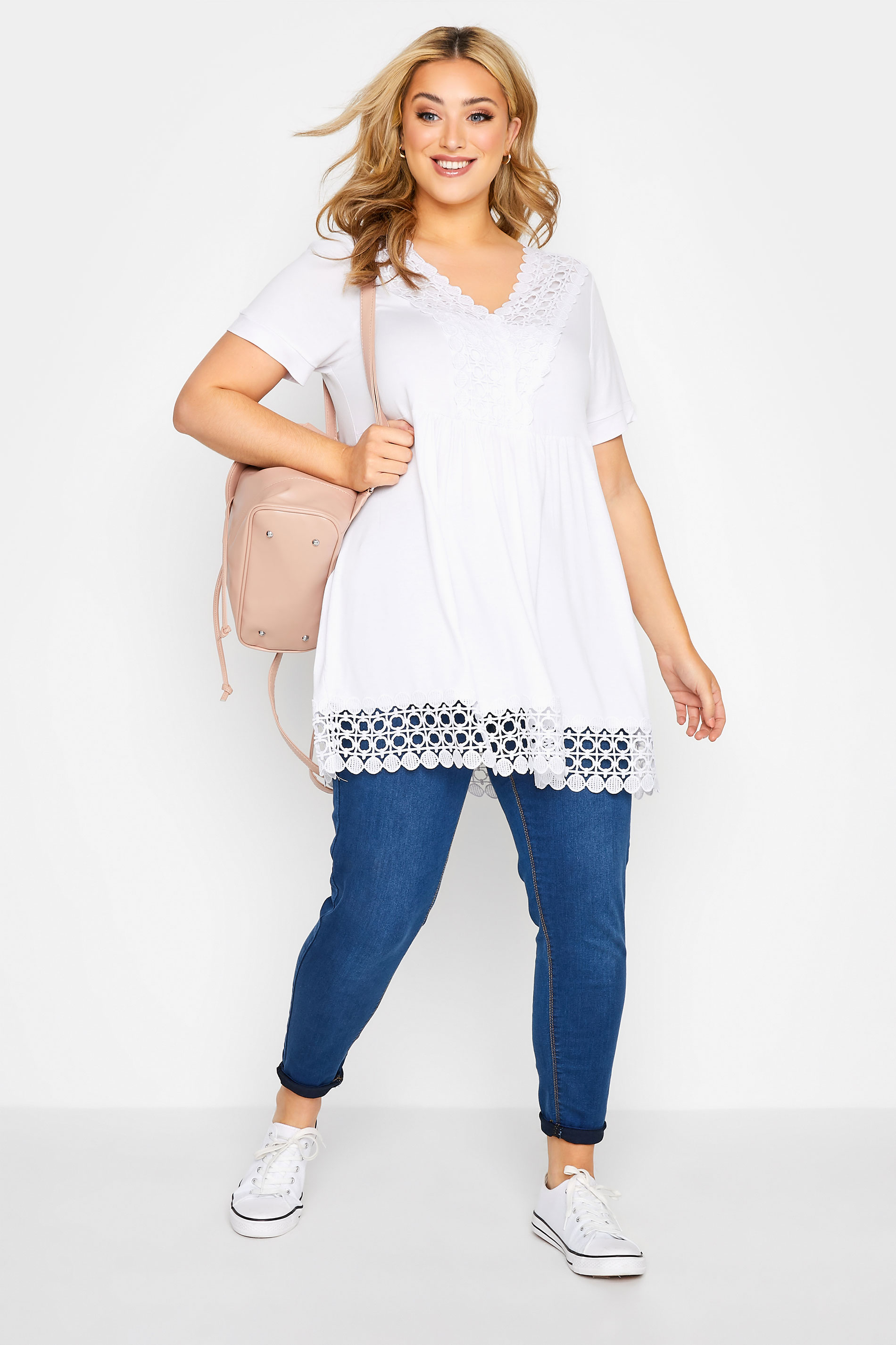 Plus Size White Crochet Detail Peplum Tunic Top | Yours Clothing 2