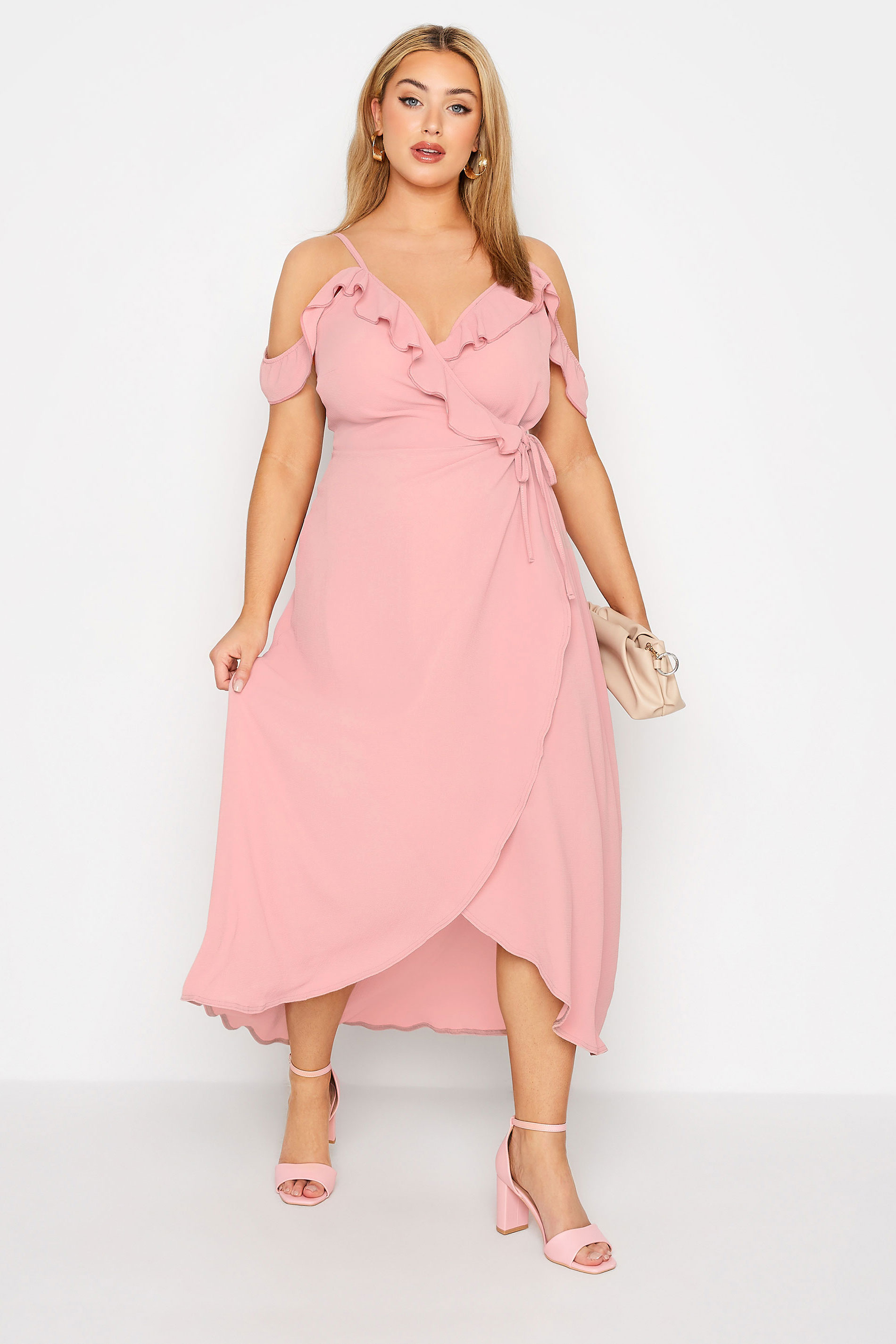 YOURS LONDON Plus Size Pink Ruffle Wrap Cold Shoulder Maxi Dress | Yours Clothing 1