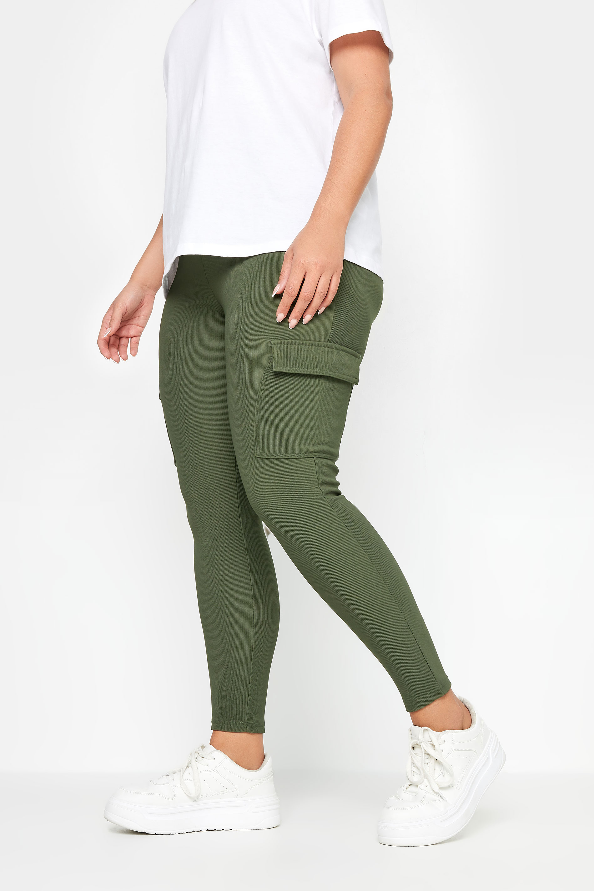 YOURS Plus Size Khaki Green Cargo Leggings | Yours Clothing 2