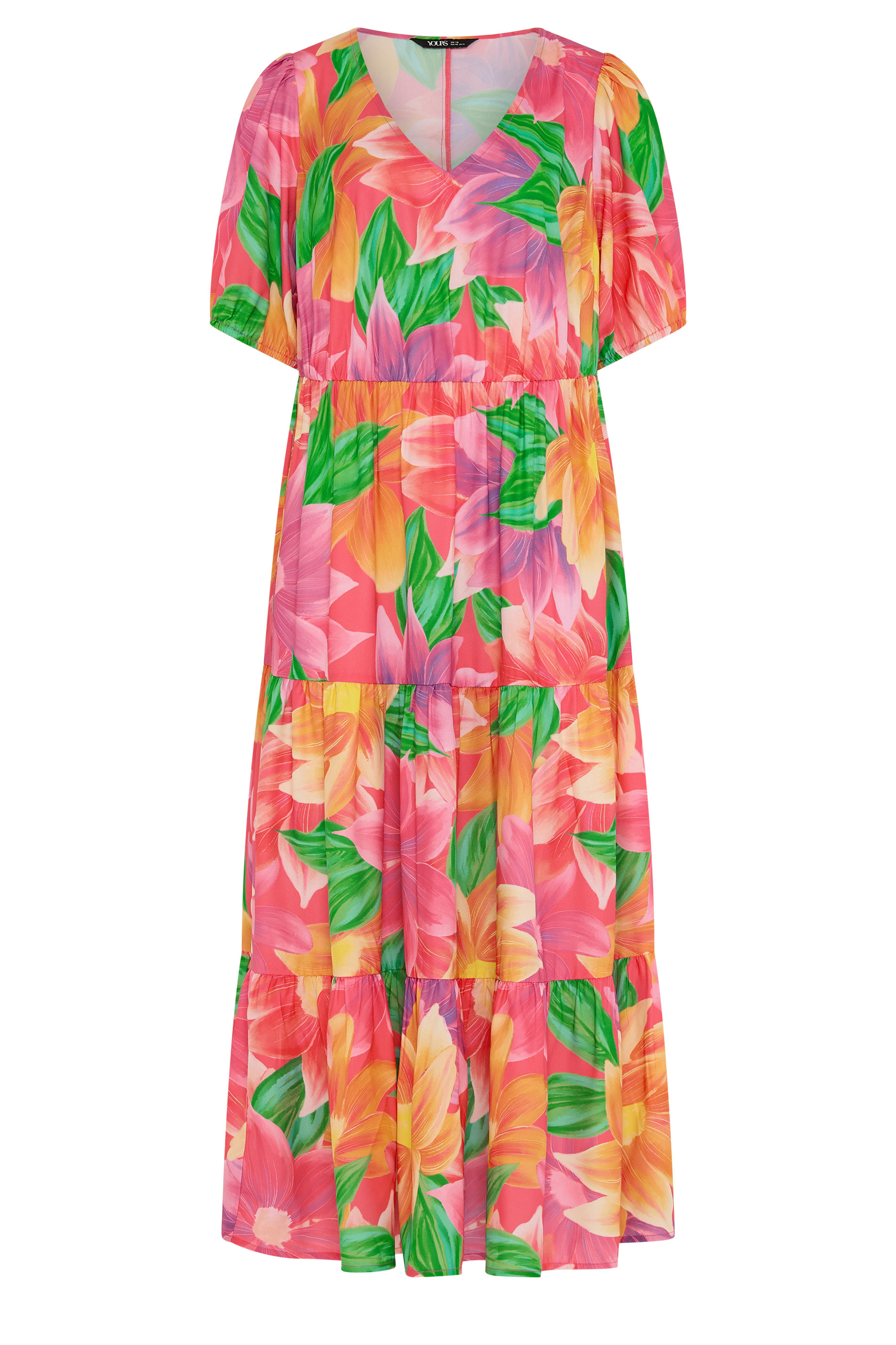 YOURS Curve Pink Floral Puff Sleeve Tiered Maxi Dress | Yours Clothing 5
