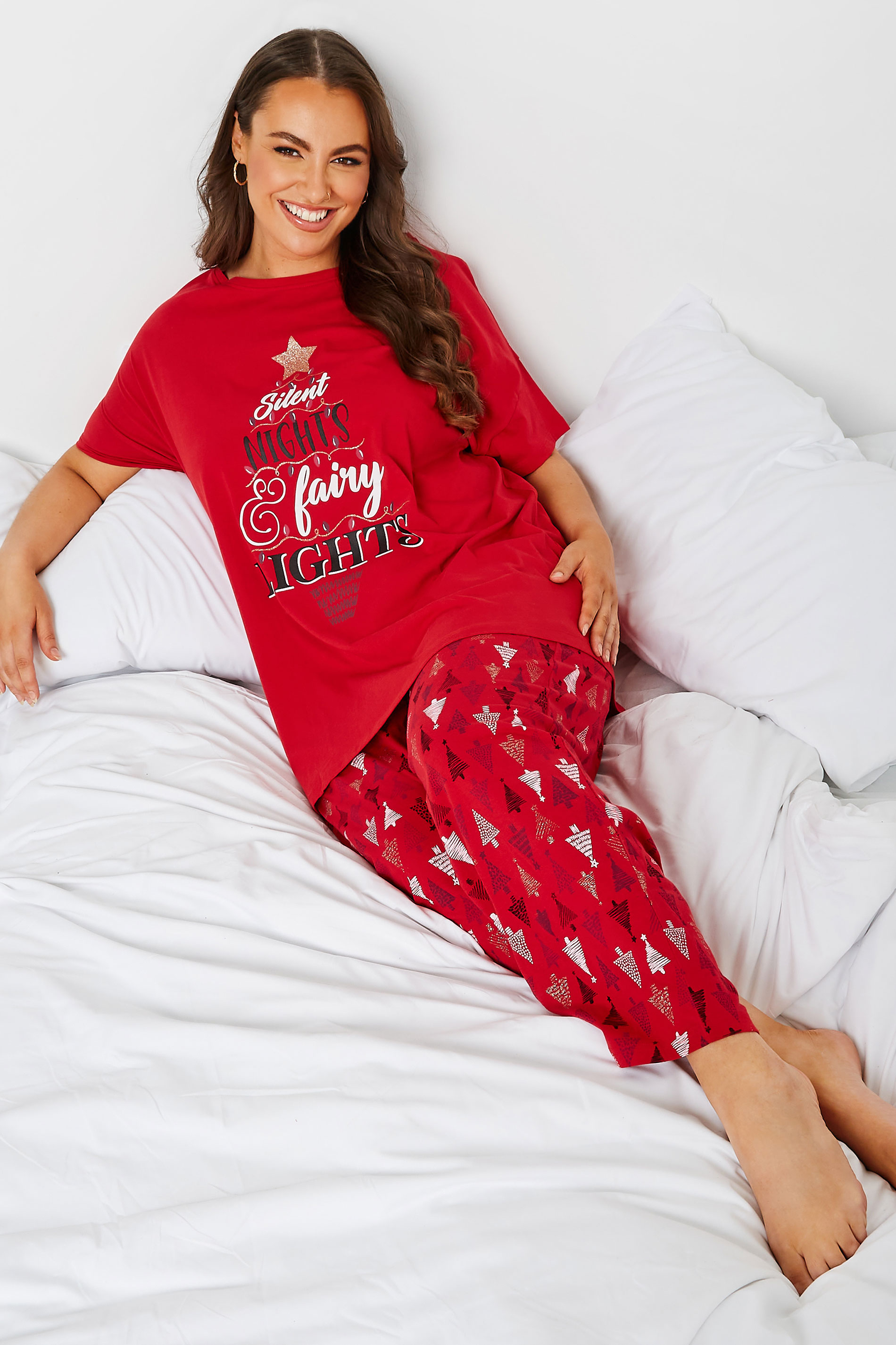 Plus Size Red 'Silent Nights & Fairy Lights' Christmas Pyjama Gift Set | Yours Clothing 3