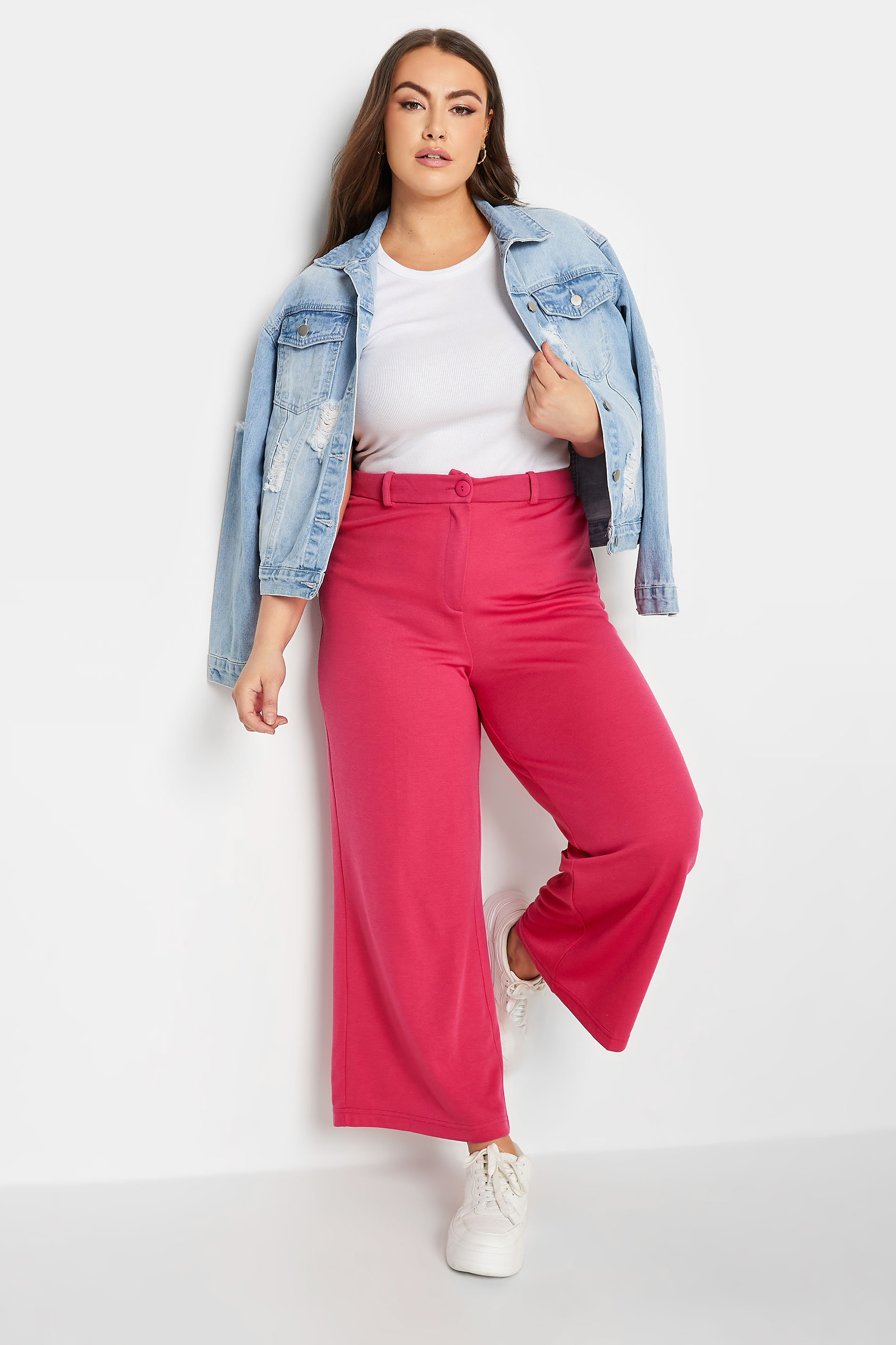 YOURS Plus Size Pink Wide Leg Button Up Trousers | Yours Clothing 2