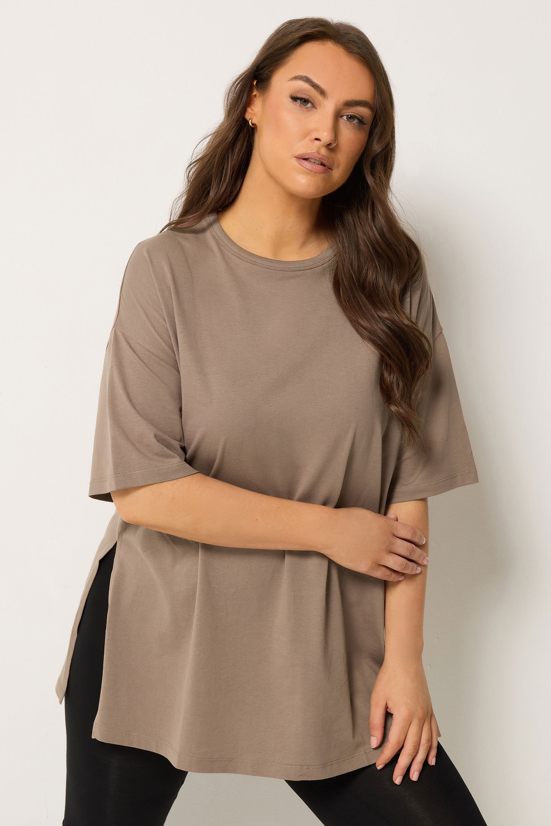 YOURS Plus Size Brown Side Split Relaxed Longline T-Shirt | Yours Clothing 3