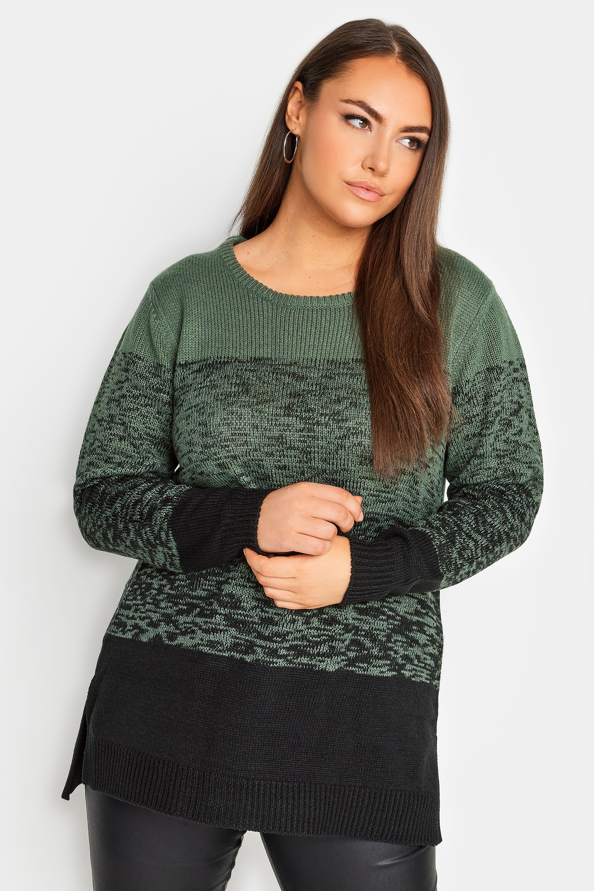 YOURS Plus Size Khaki Green Colourblock Stripe Knitted Jumper | Yours Clothing 2