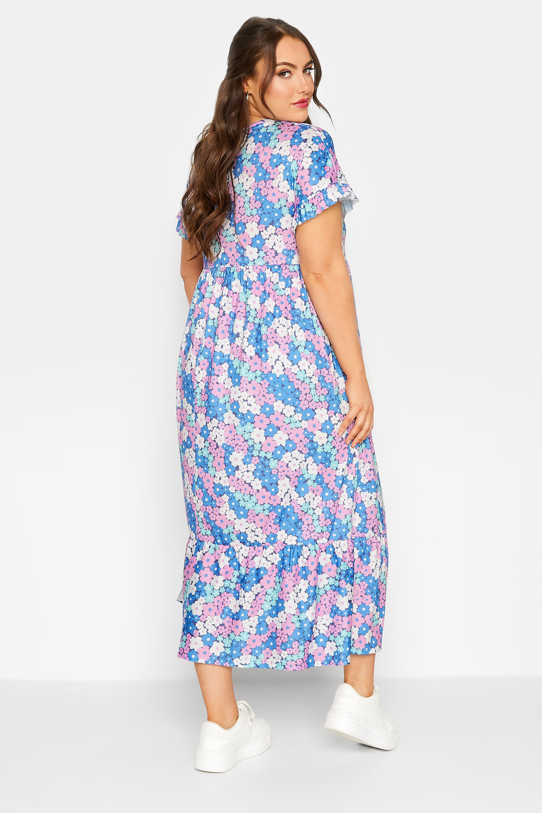 LIMITED COLLECTION Plus Size Blue Floral Print Frill Sleeve Maxi Dress | Yours Clothing 3