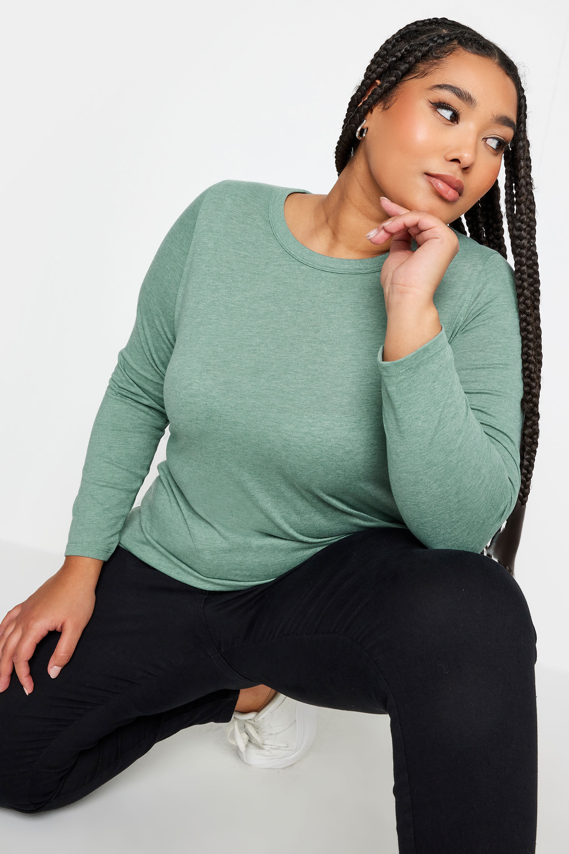 YOURS Plus Size Green Marl Long Sleeve Top
