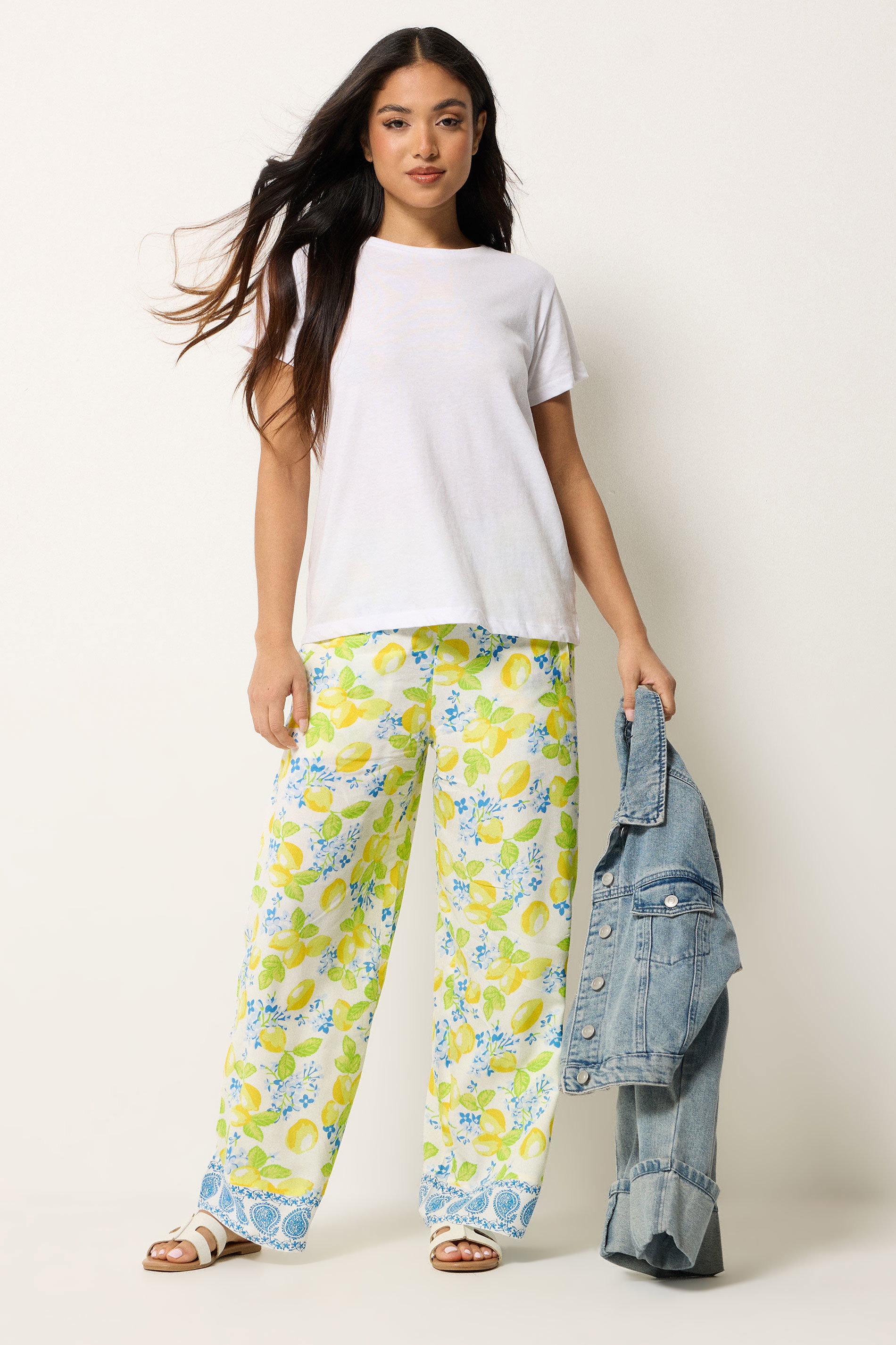 PixieGirl Petite Women's Yellow Lemon Print Wide Leg Trousers | PixieGirl 3