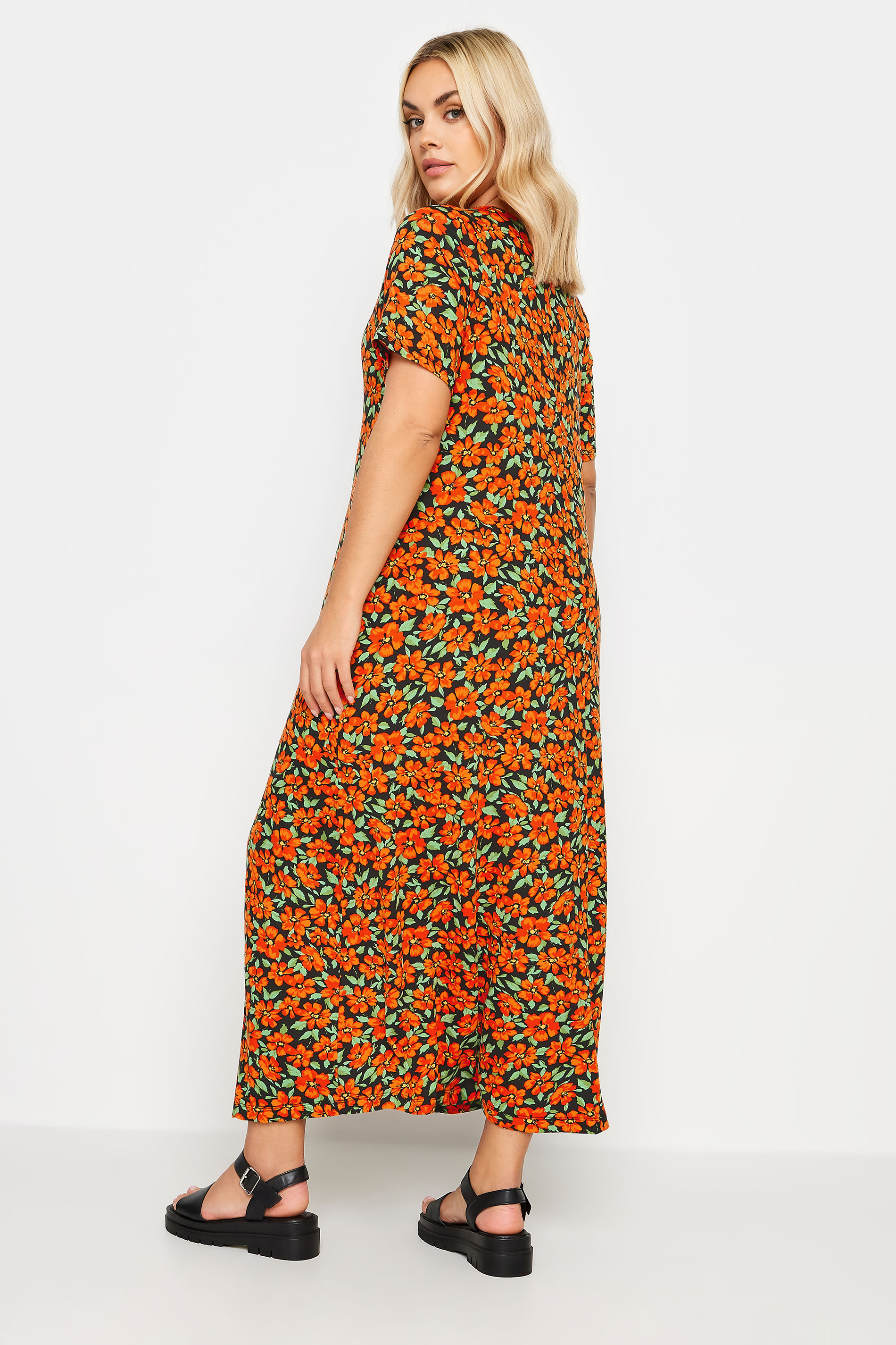 YOURS Plus Size Orange Floral Print Pleated Front Maxi Dress | Yours Clothing 3