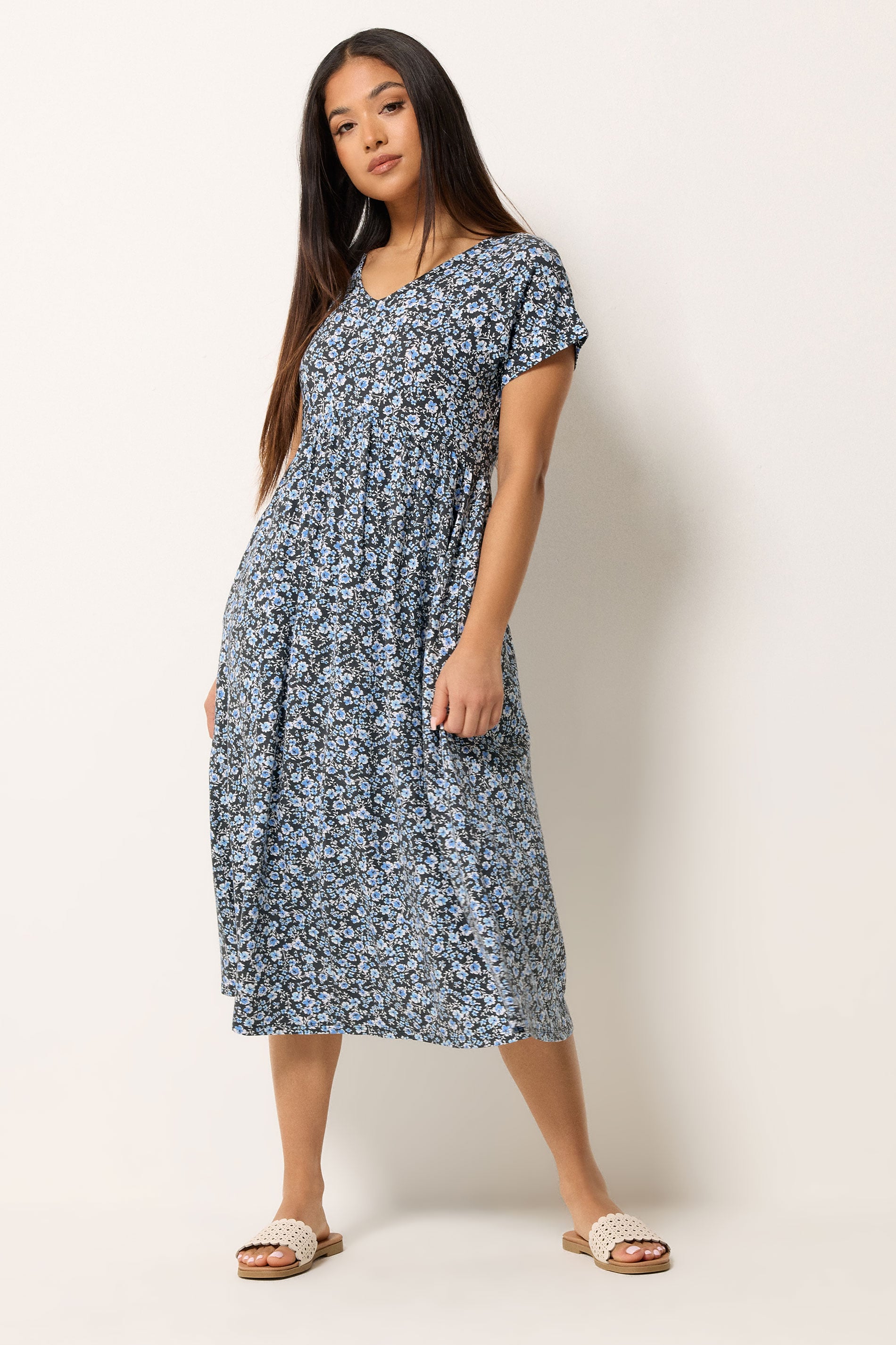 M&Co Petite Black Floral V-Neck Midi Dress | M&Co 1