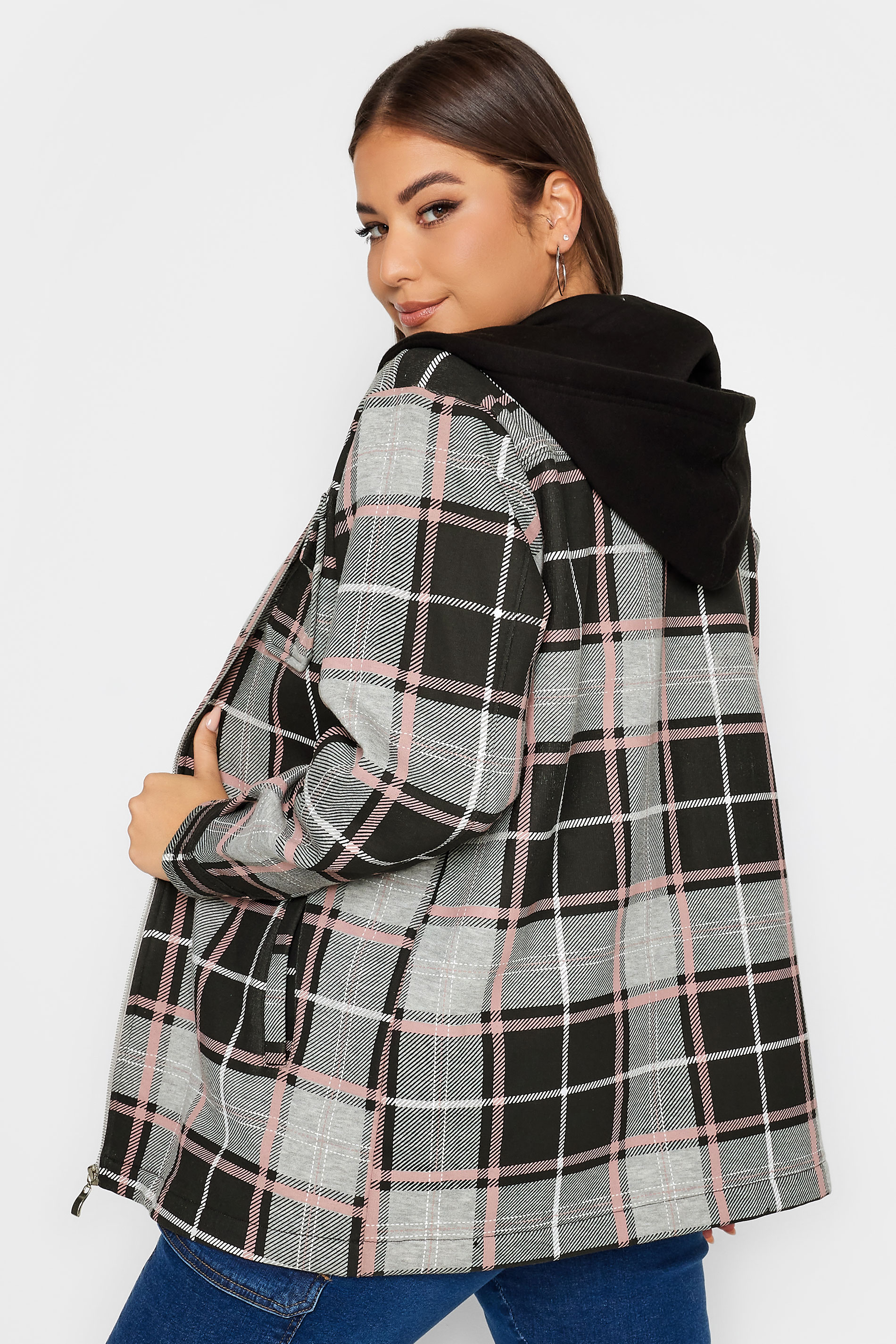 YOURS Plus Size Black & Pink Check Hooded Shacket | Yours Clothing 3