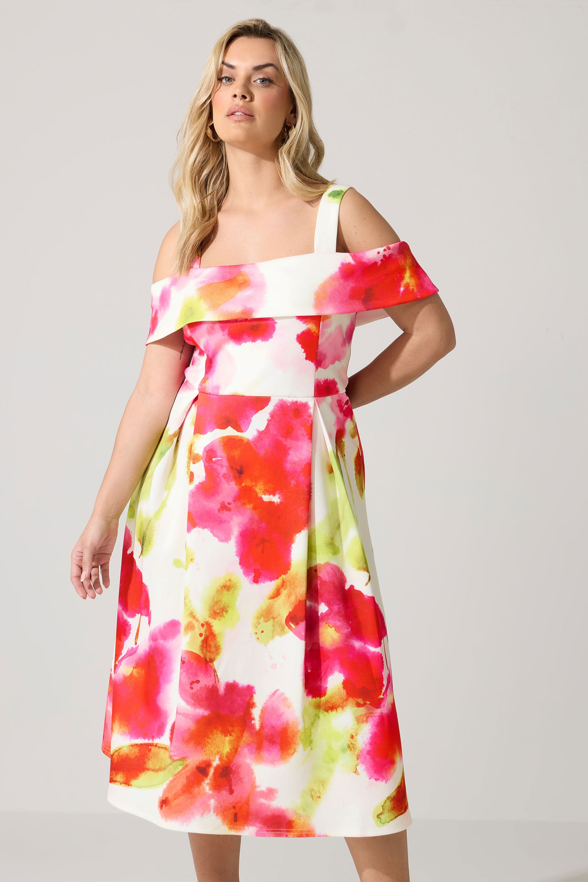 YOURS LONDON Plus Size  White Cold Shoulder Abstract Skater Dress | Yours Clothing 1