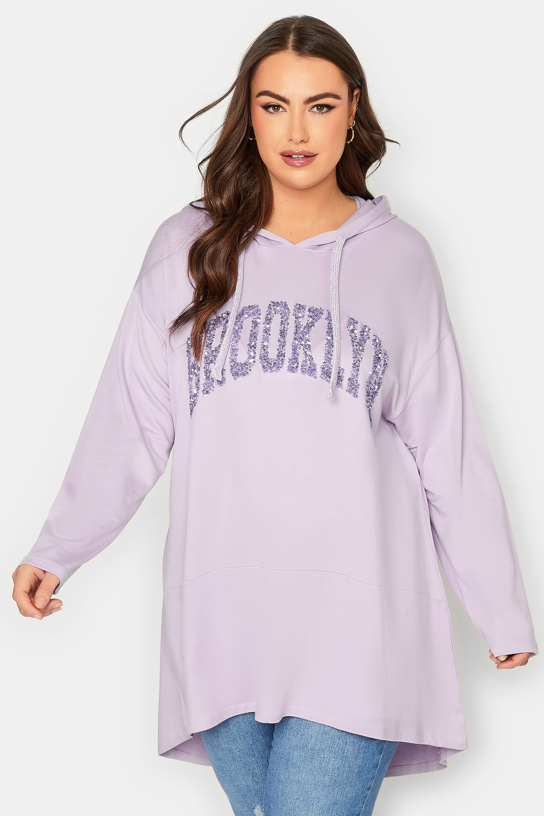 YOURS Curve Plus Size Lilac Purple 'Brooklyn' Slogan Longline Hoodie | Yours Clothing  1