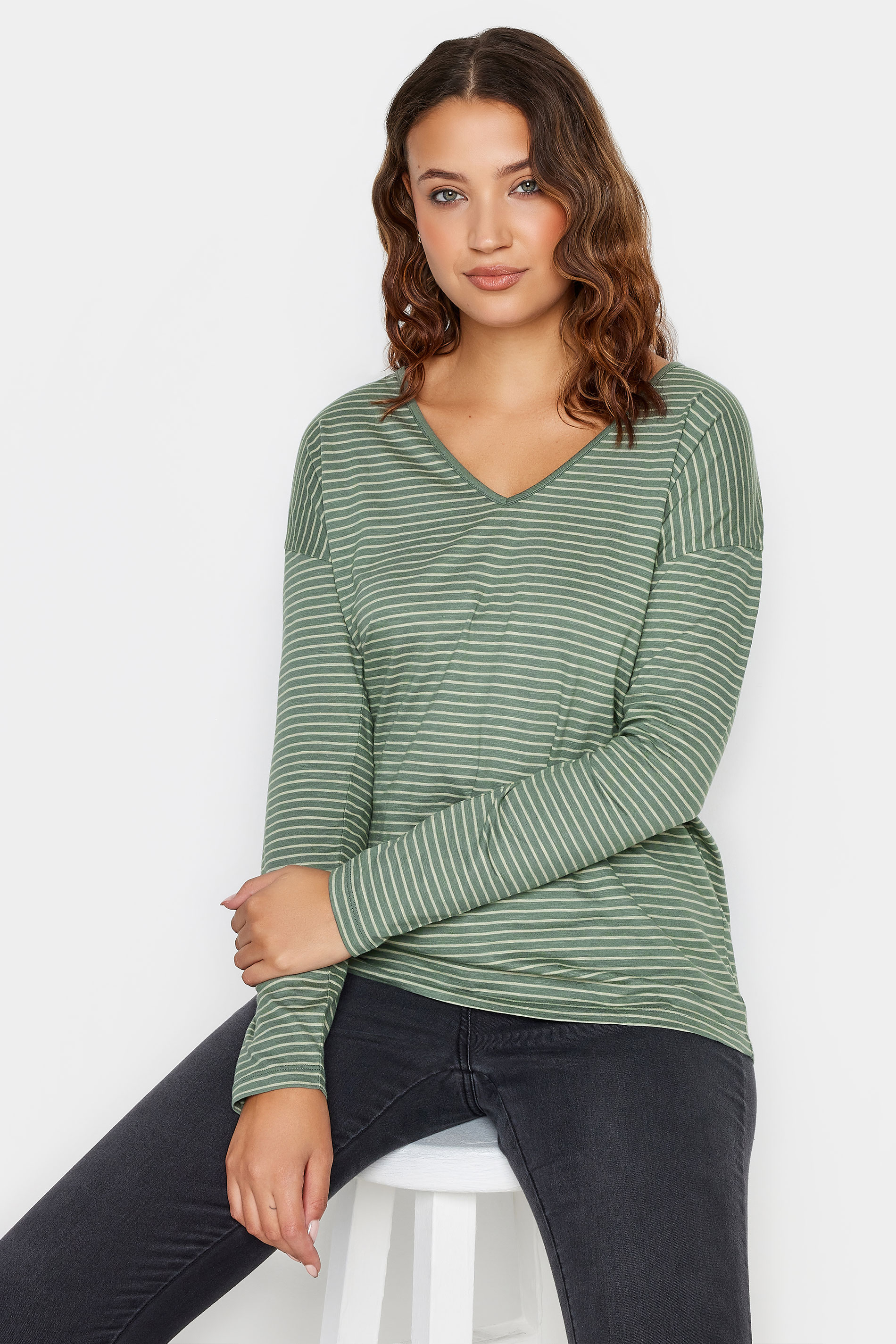 LTS Tall Sage Green V-Neck Long Sleeve Cotton T-Shirt | Long Tall Sally 1