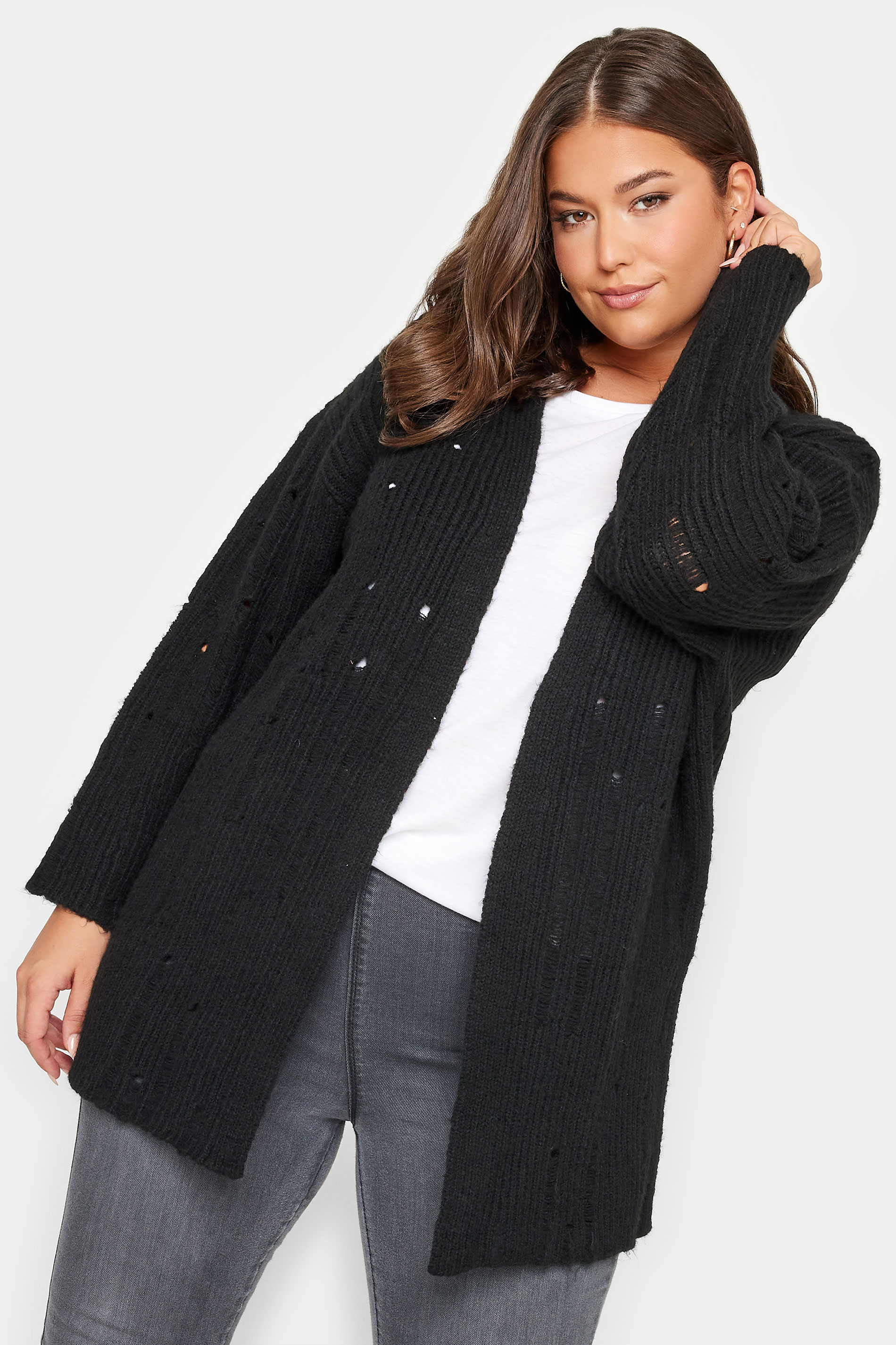 YOURS Plus Size Black Distressed Knit Cardigan | Yours Clothing 1