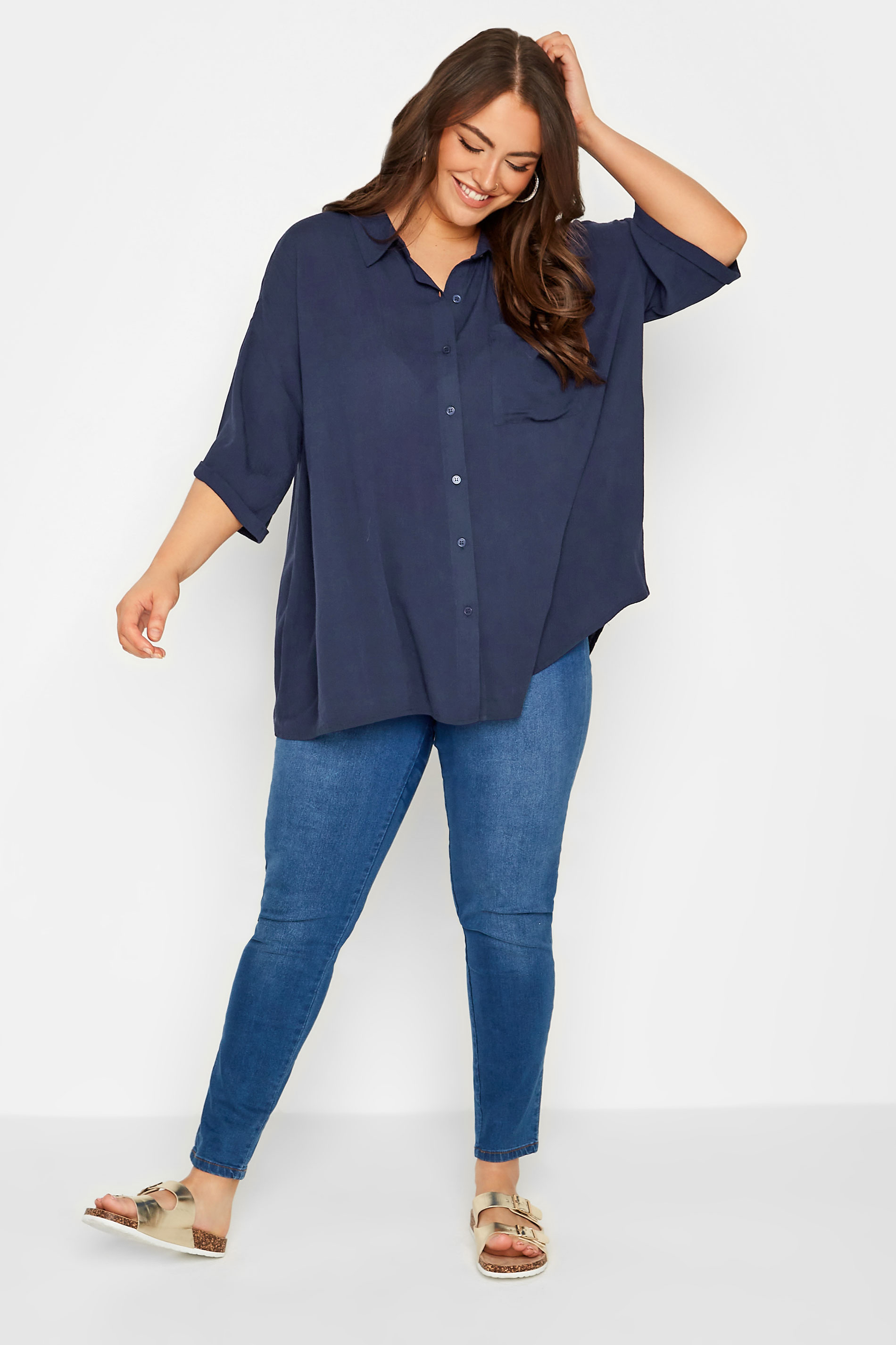 YOURS Curve Navy Blue Short Sleeve Crinkle Shirt | Yours Clothing 2