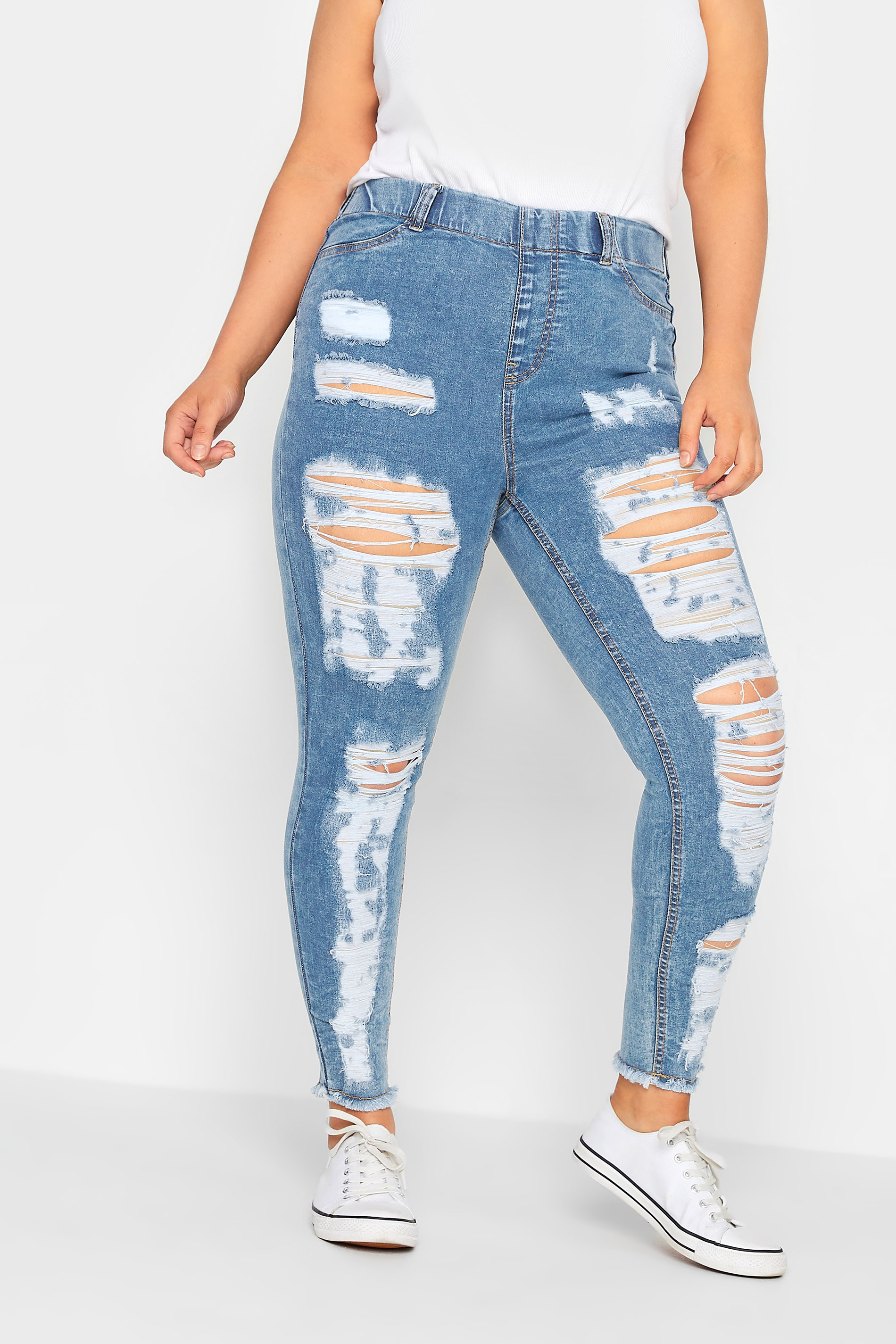 Plus Size Washed Blue Frayed Ripped GRACE Jeggings | Yours Clothing 1