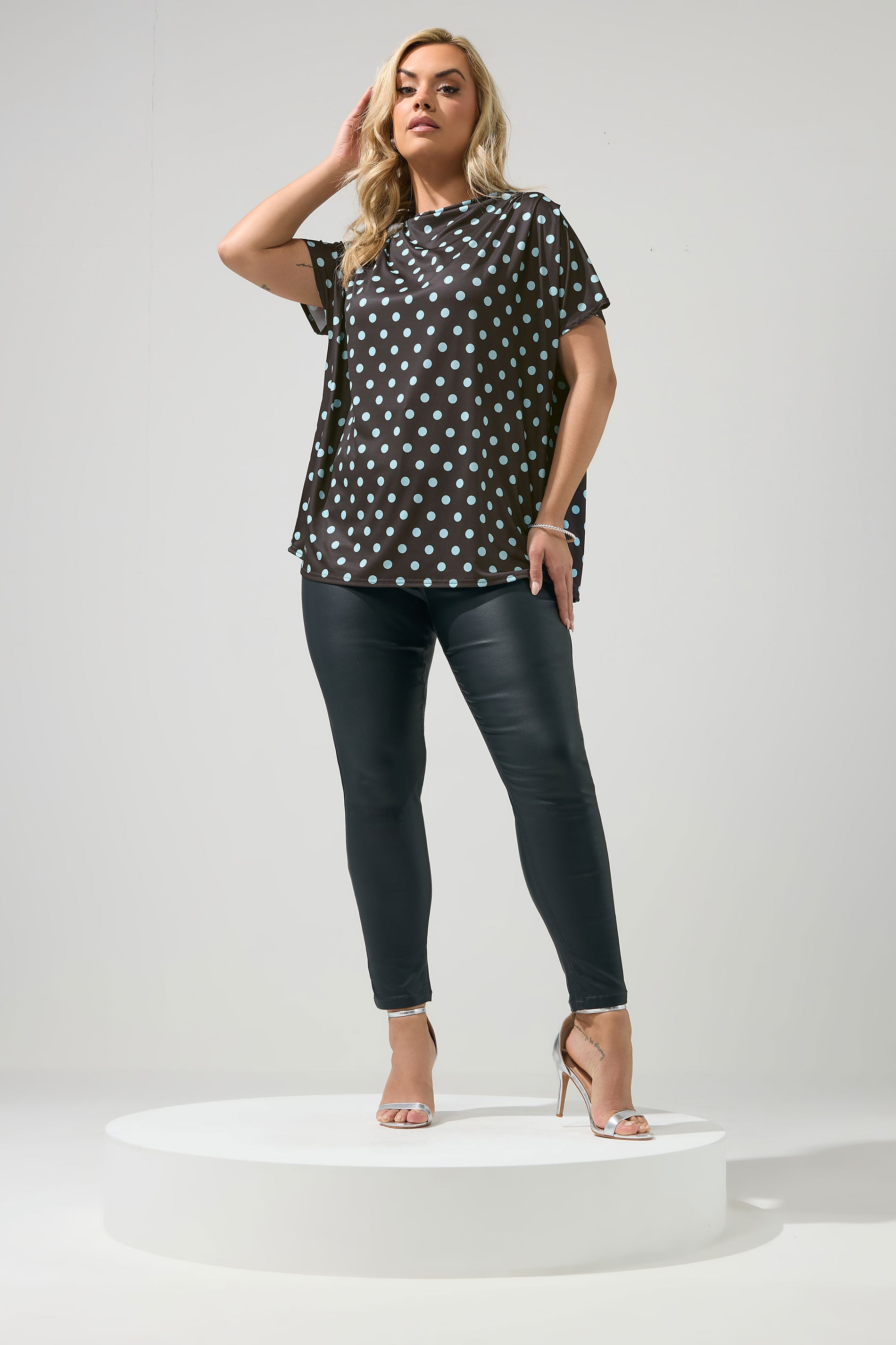 YOURS LONDON Curve Chocolate Brown Polka Dot Drape Shoulder Top 1