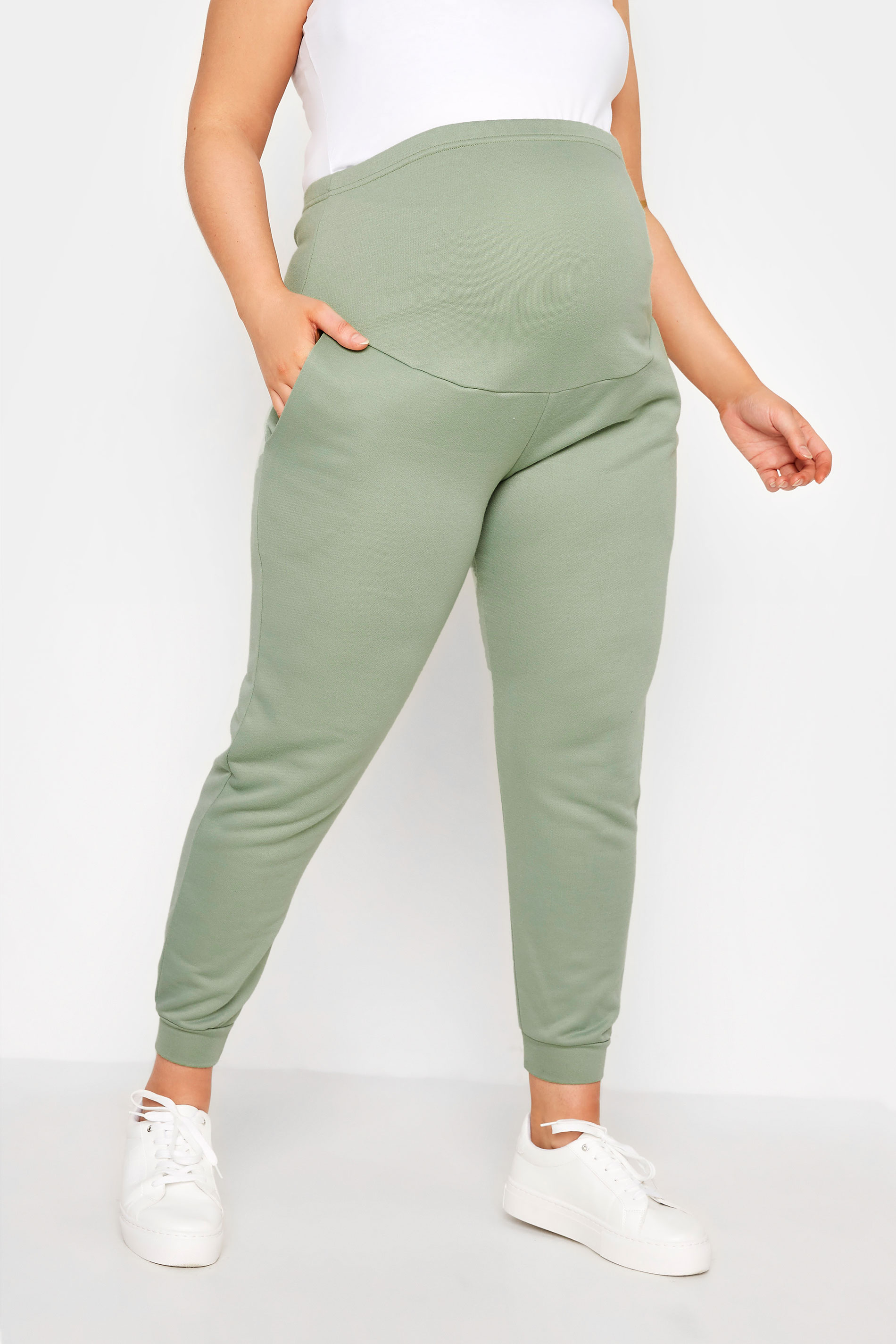 BUMP IT UP MATERNITY Plus Size Sage Green Comfort Panel Joggers | Yours Clothing 1
