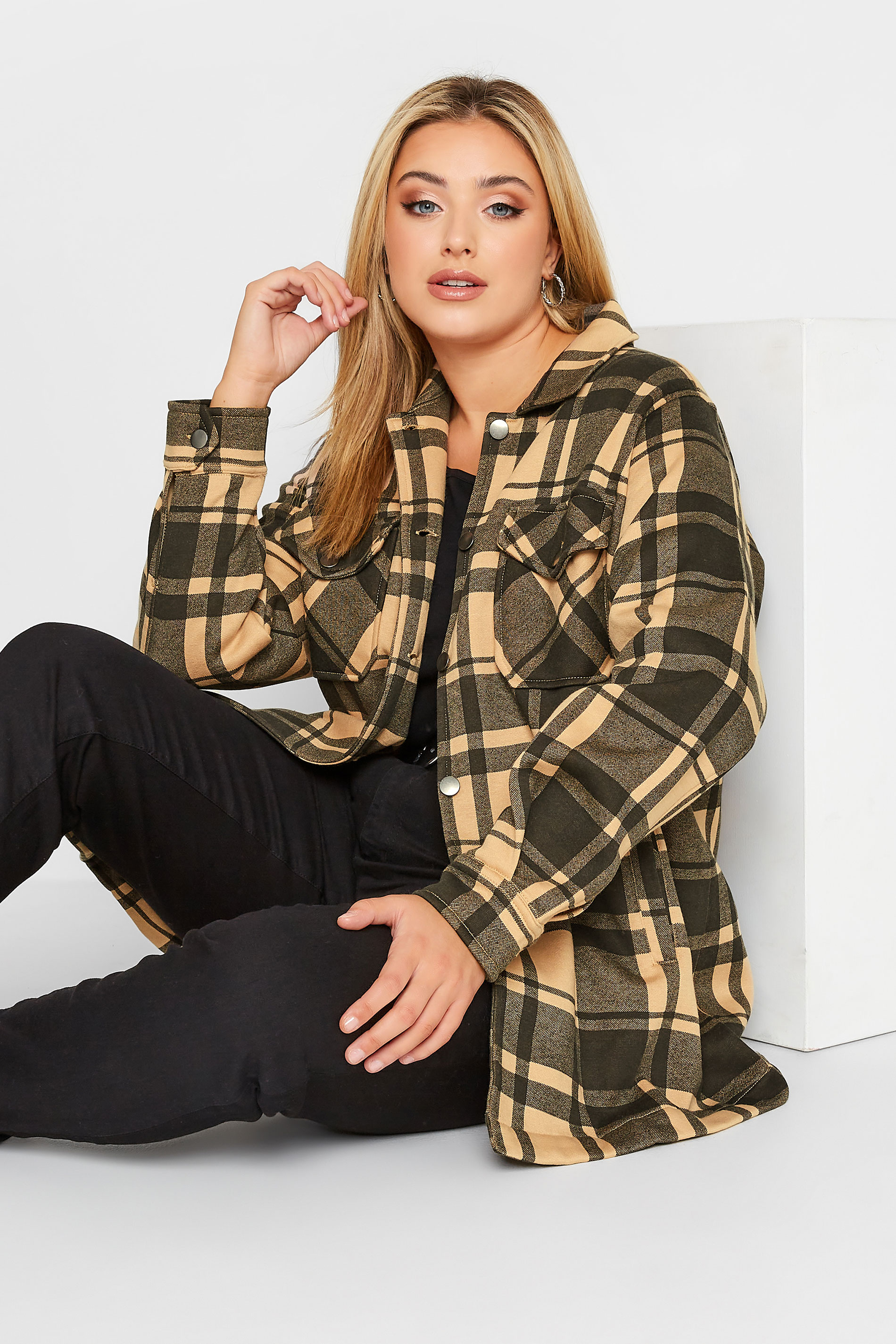 Curve Plus Size Beige Check Shacket  | Yours Clothing 1