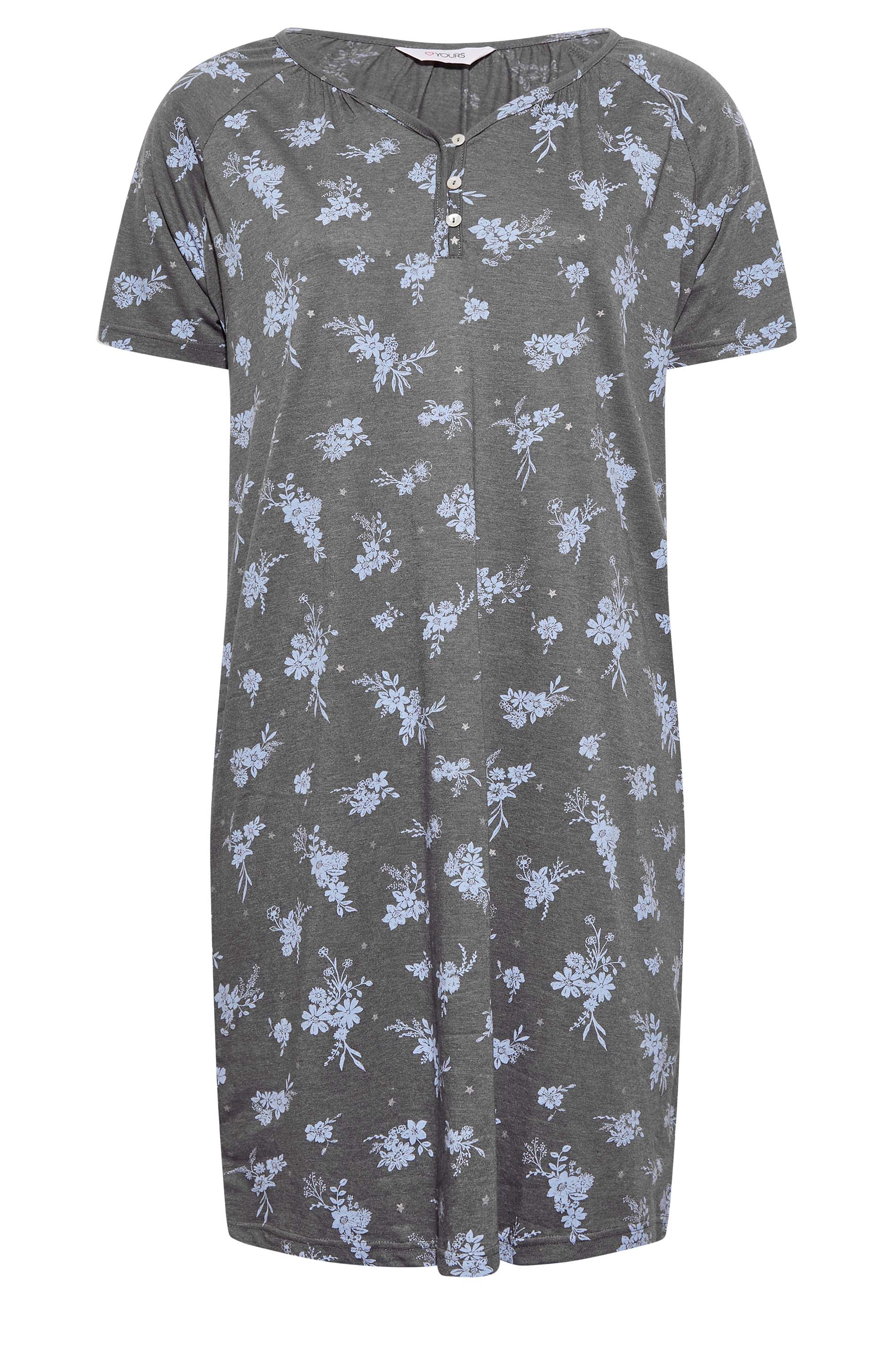 Plus Size Grey Sparkle Floral Print Placket Nightdress | Yours Clothing