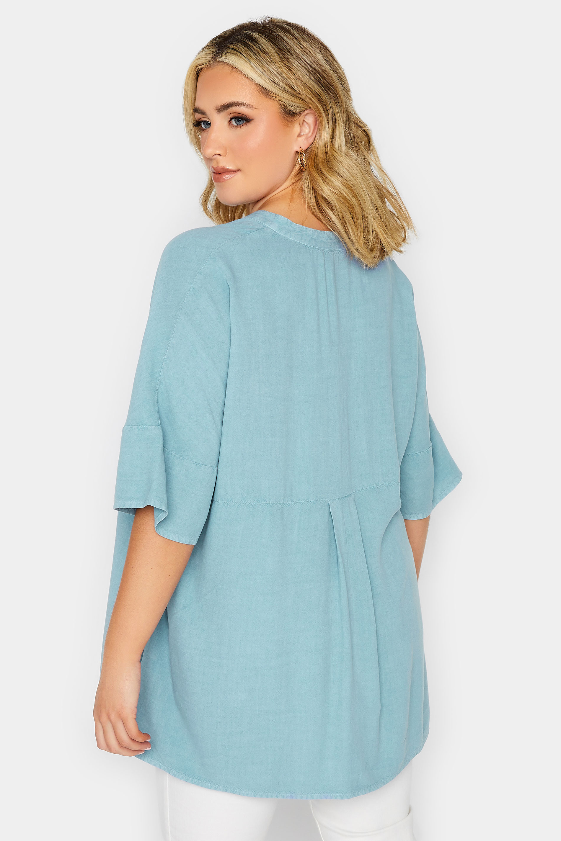 YOURS Curve Plus Size Blue Pleat Front Chambray Shirt | Yours Clothing