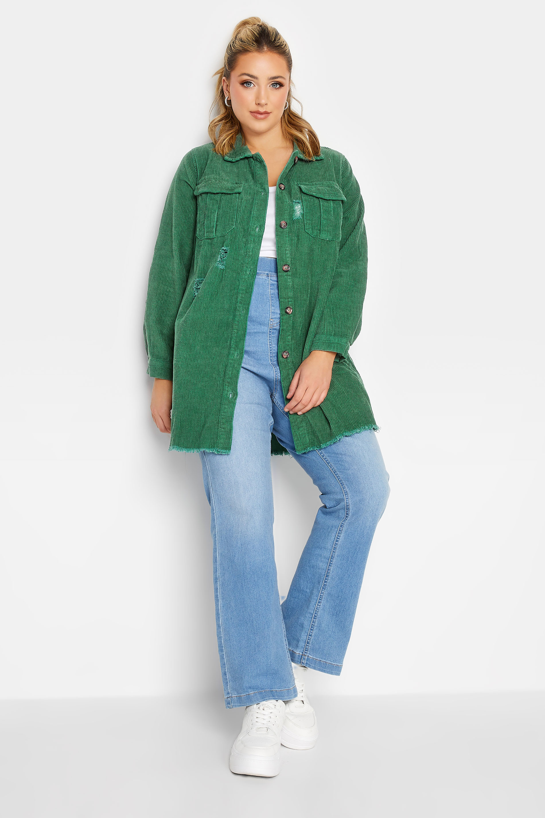 LIMITED COLLECTION Plus Size Green Ripped Cord Shacket | Yours Clothing 2